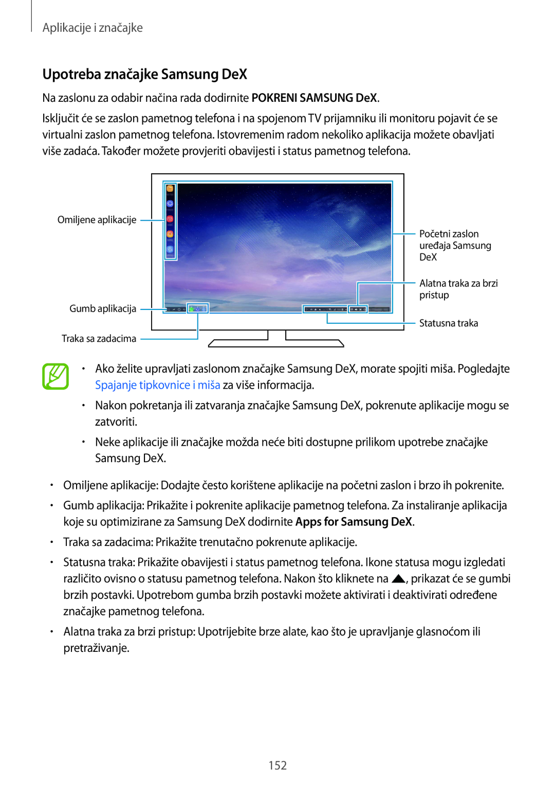 Samsung SM-G950FZSASEE, SM-G950FZVASEE, SM-G950FZKASEE, SM-G955FZSASEE, SM-G955FZKASEE manual Upotreba značajke Samsung DeX 