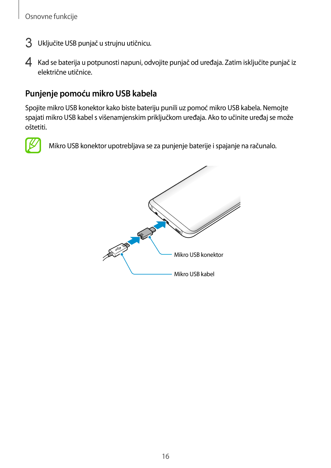 Samsung SM-G955FZKASEE, SM-G950FZVASEE, SM-G950FZKASEE, SM-G950FZSASEE, SM-G955FZSASEE manual Punjenje pomoću mikro USB kabela 