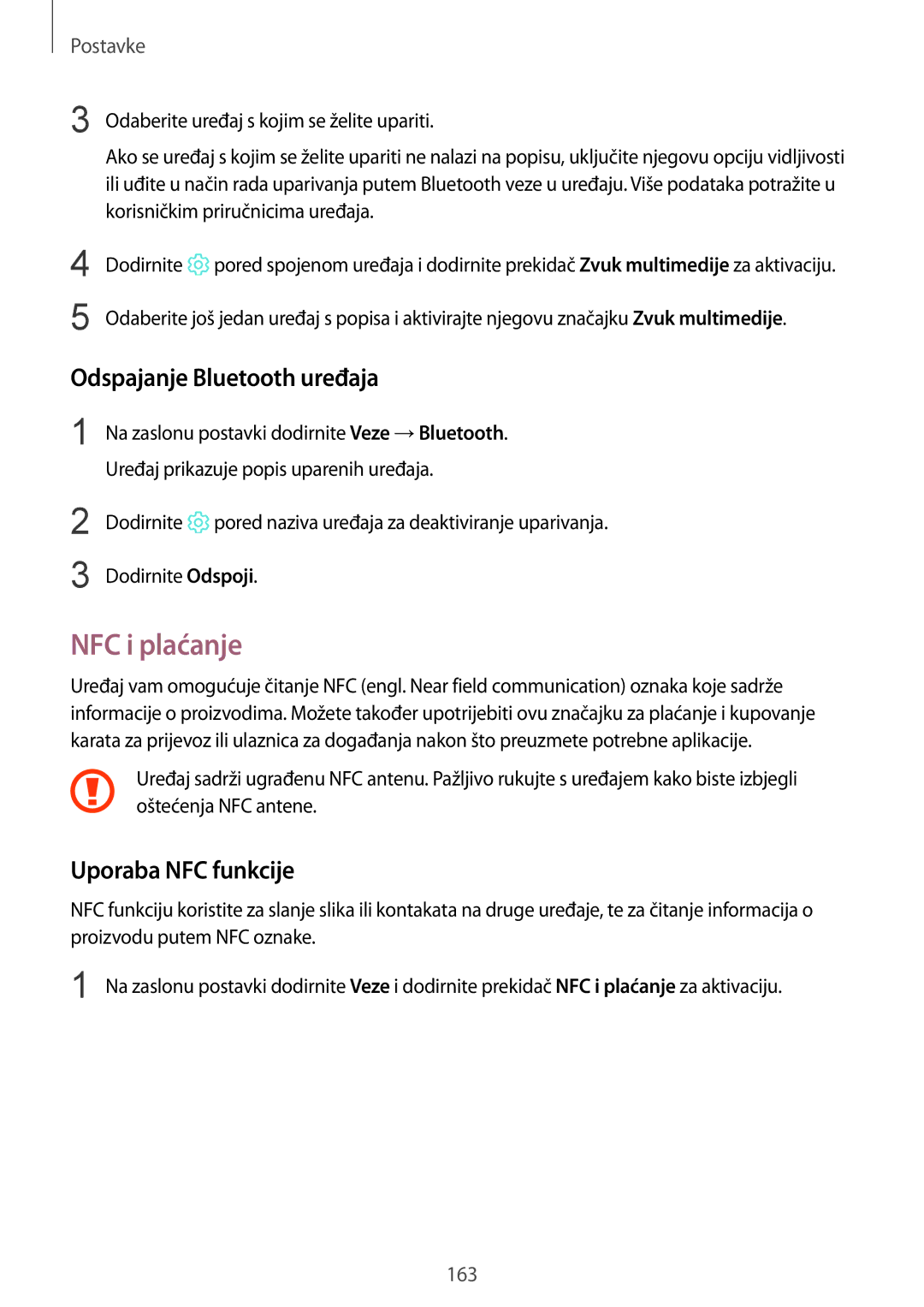 Samsung SM-G950FZKASEE, SM-G950FZVASEE, SM-G950FZSASEE NFC i plaćanje, Odspajanje Bluetooth uređaja, Uporaba NFC funkcije 