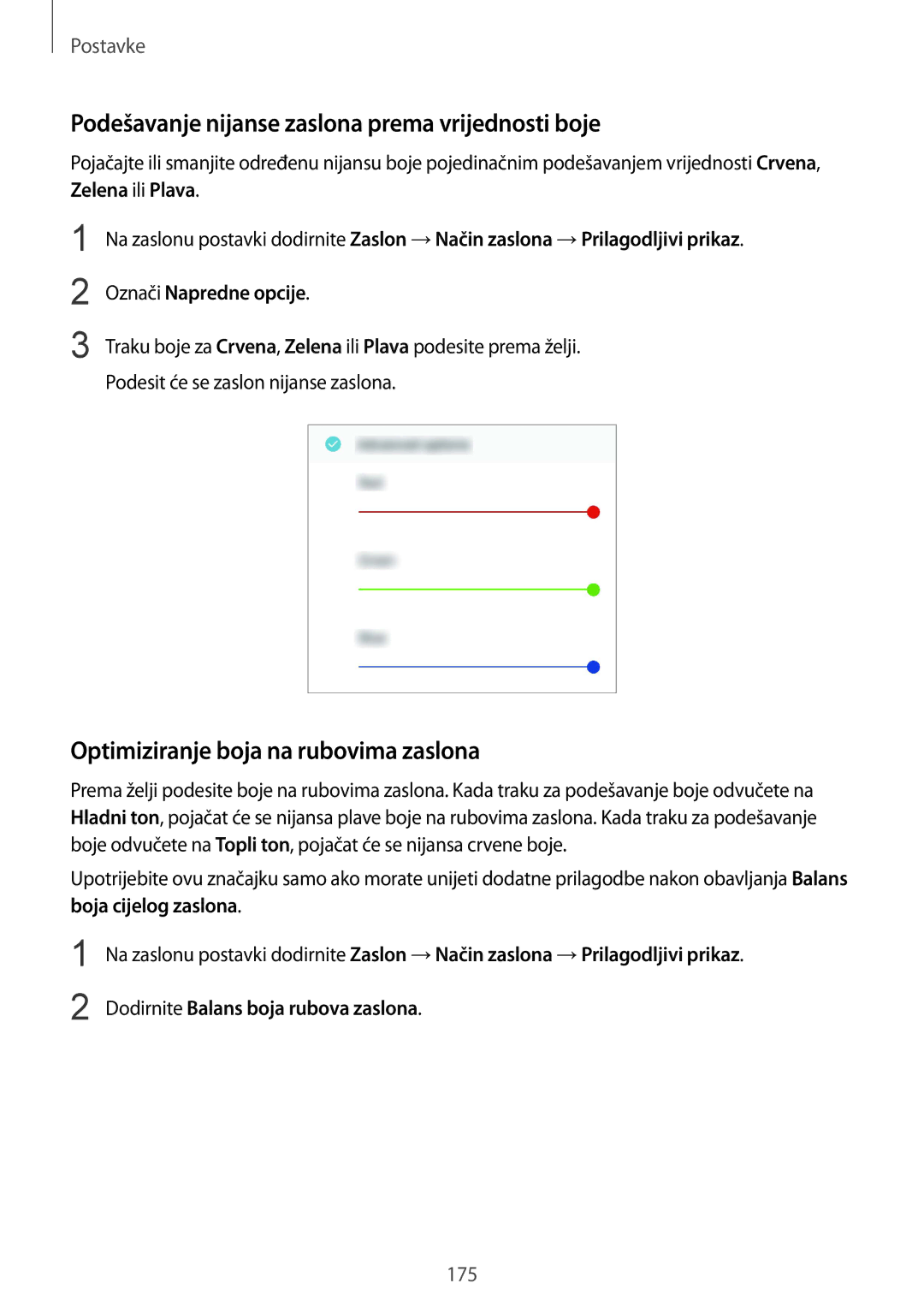 Samsung SM-G950FZKASEE manual Podešavanje nijanse zaslona prema vrijednosti boje, Optimiziranje boja na rubovima zaslona 