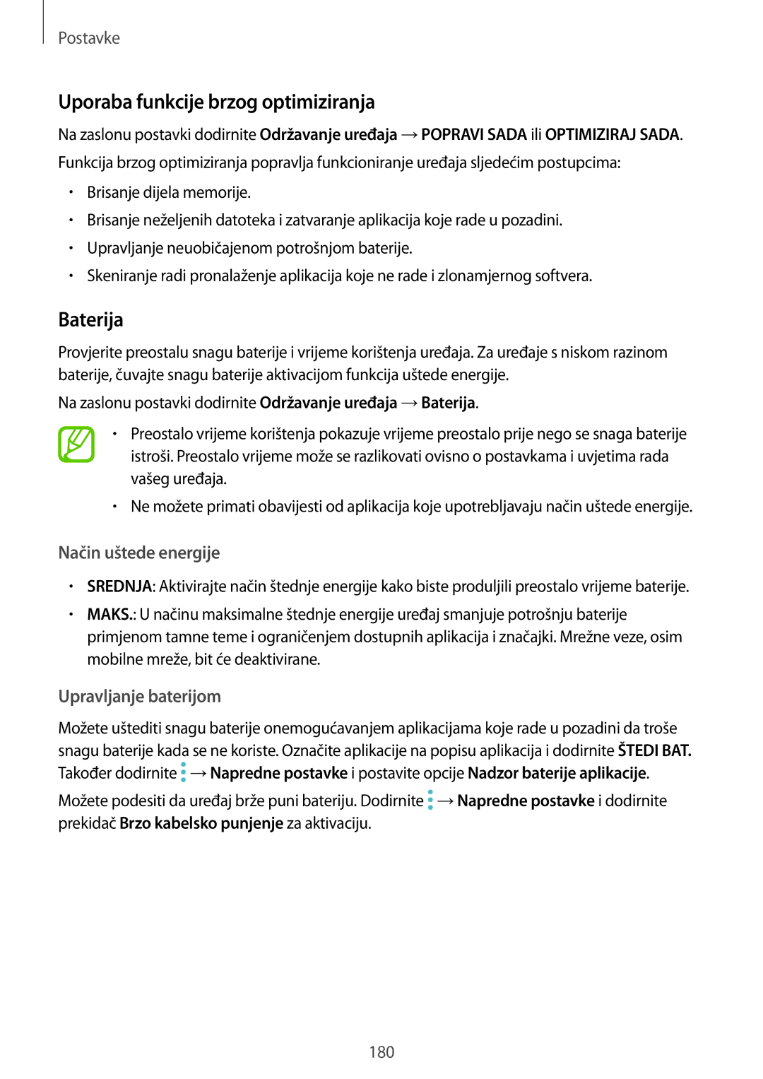 Samsung SM-G950FZVASEE manual Uporaba funkcije brzog optimiziranja, Baterija, Način uštede energije, Upravljanje baterijom 