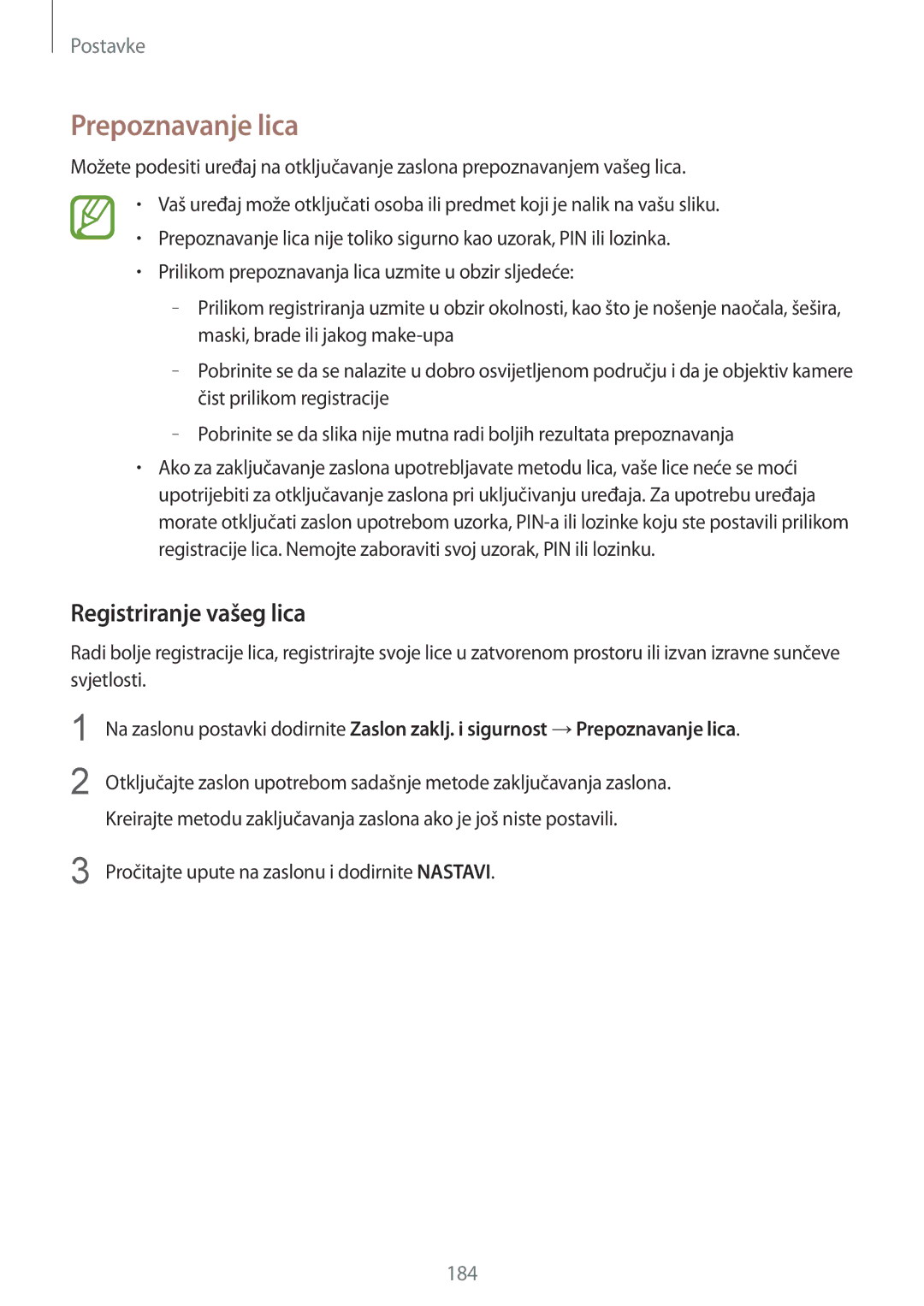 Samsung SM-G955FZKASEE manual Prepoznavanje lica, Registriranje vašeg lica, Pročitajte upute na zaslonu i dodirnite Nastavi 