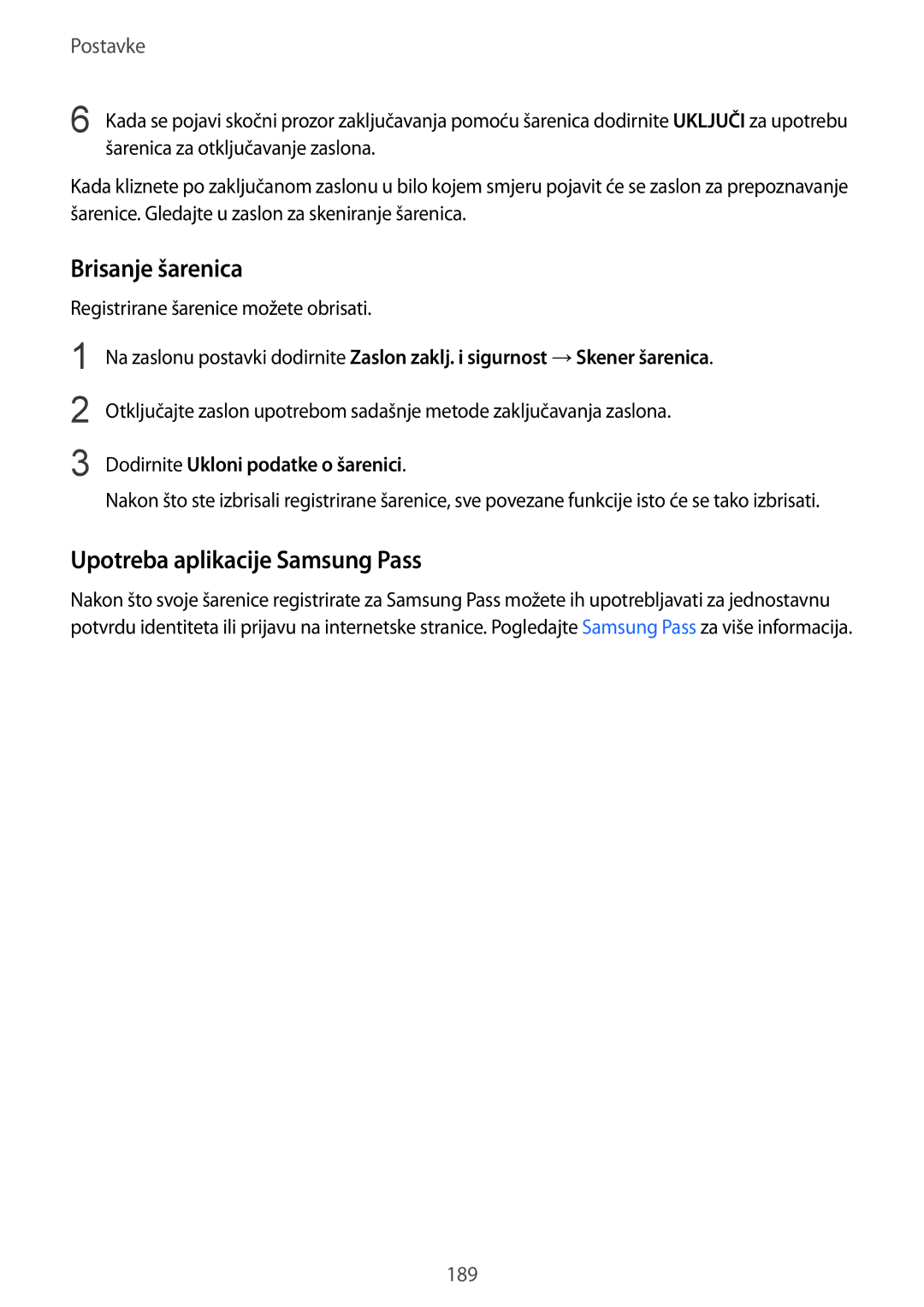Samsung SM-G955FZSASEE manual Brisanje šarenica, Upotreba aplikacije Samsung Pass, Registrirane šarenice možete obrisati 