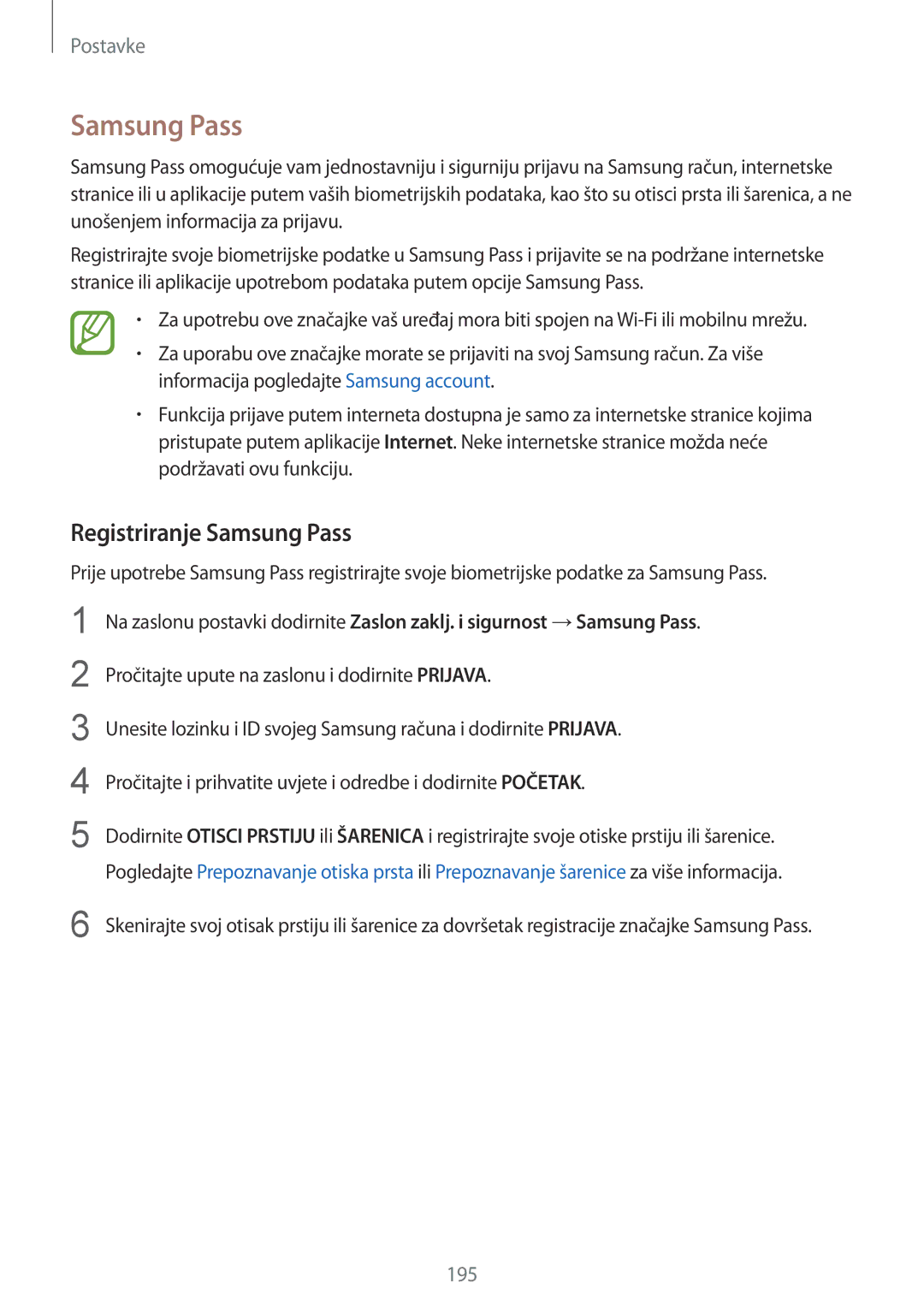 Samsung SM-G955FZSASEE, SM-G950FZVASEE, SM-G950FZKASEE, SM-G950FZSASEE, SM-G955FZKASEE manual Registriranje Samsung Pass 