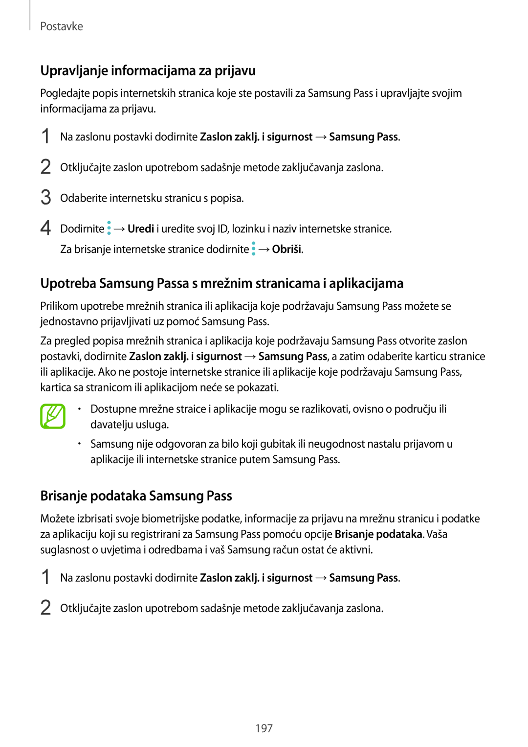 Samsung SM-G955FZVASEE Upravljanje informacijama za prijavu, Upotreba Samsung Passa s mrežnim stranicama i aplikacijama 