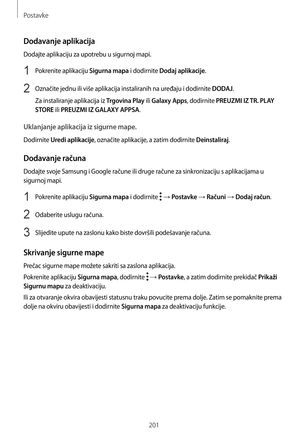 Samsung SM-G955FZSASEE, SM-G950FZVASEE, SM-G950FZKASEE manual Dodavanje aplikacija, Dodavanje računa, Skrivanje sigurne mape 