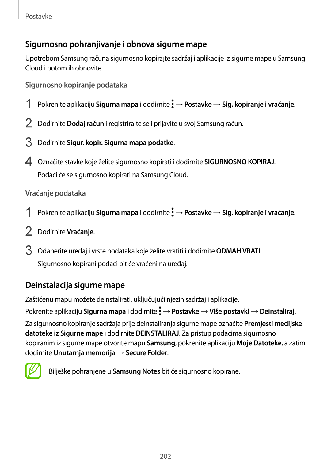 Samsung SM-G955FZKASEE manual Sigurnosno pohranjivanje i obnova sigurne mape, Deinstalacija sigurne mape, Vraćanje podataka 