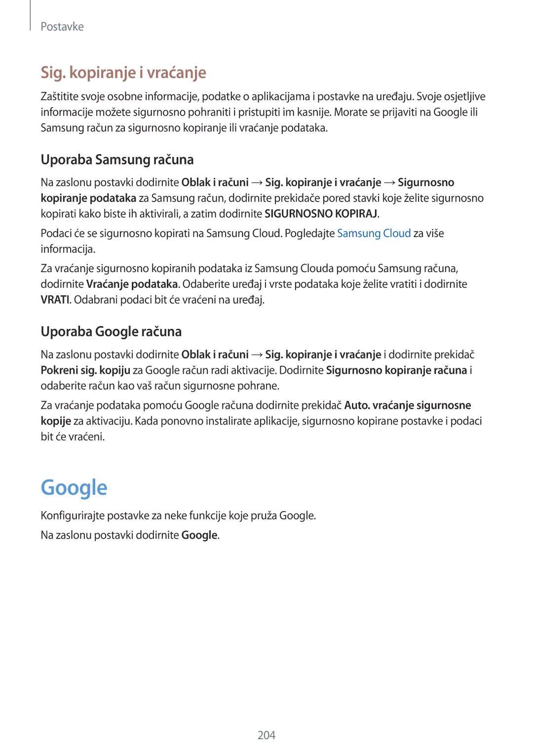 Samsung SM-G950FZVASEE, SM-G950FZKASEE manual Sig. kopiranje i vraćanje, Uporaba Samsung računa, Uporaba Google računa 