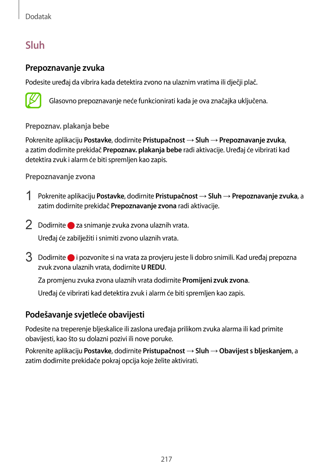 Samsung SM-G950FZKASEE manual Sluh, Prepoznavanje zvuka, Podešavanje svjetleće obavijesti, Prepoznav. plakanja bebe 