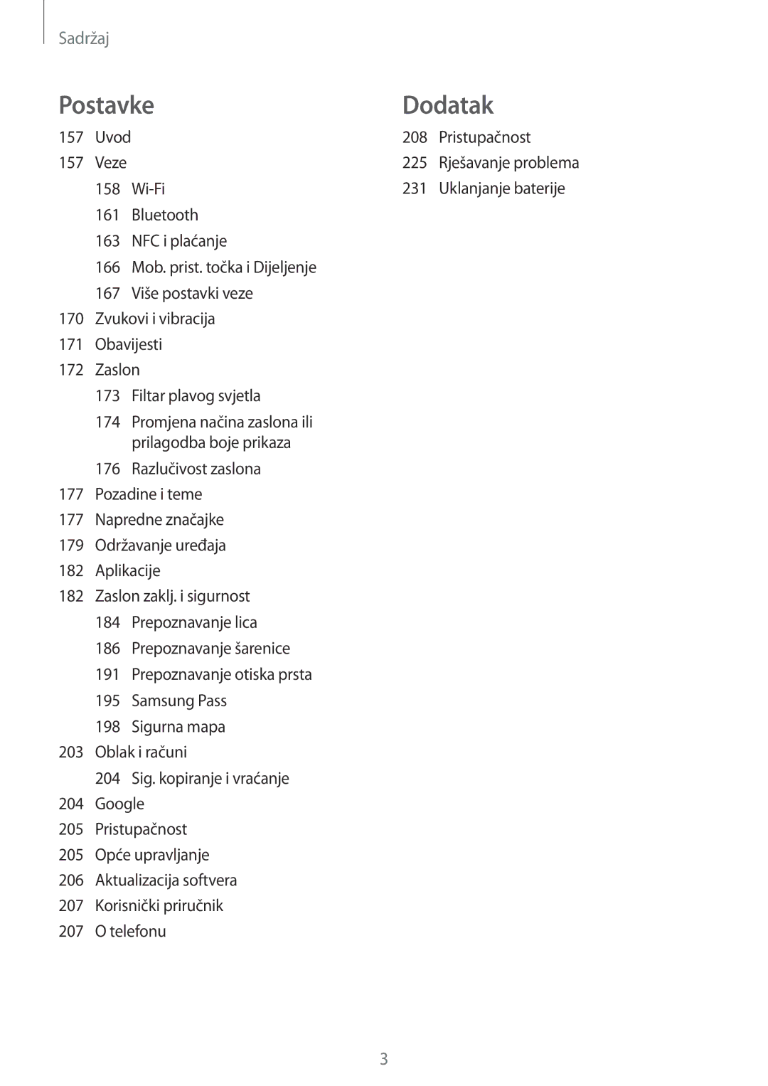 Samsung SM-G955FZSASEE, SM-G950FZVASEE, SM-G950FZKASEE, SM-G950FZSASEE manual Uvod 208 Pristupačnost, Veze 225, Wi-Fi 231 