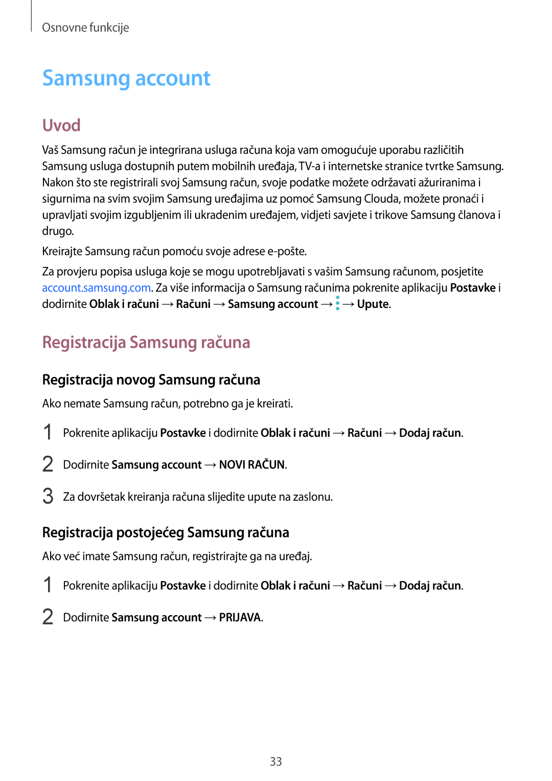 Samsung SM-G955FZSASEE manual Samsung account, Uvod, Registracija Samsung računa, Registracija novog Samsung računa 