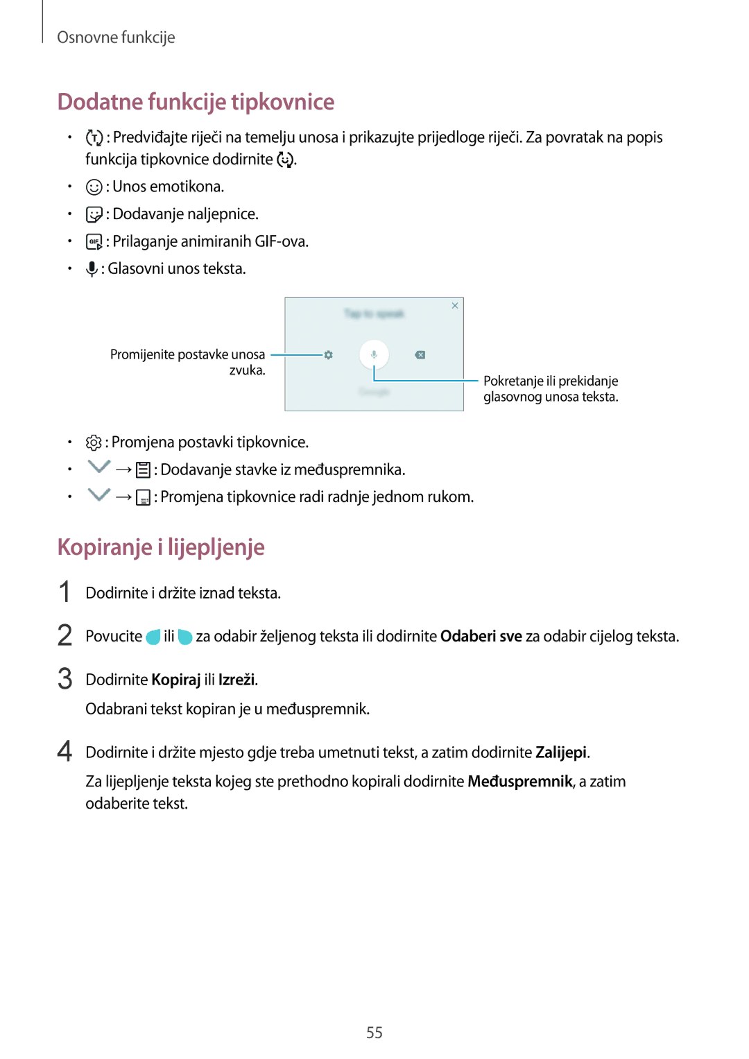 Samsung SM-G950FZKASEE manual Dodatne funkcije tipkovnice, Kopiranje i lijepljenje, Dodirnite i držite iznad teksta 