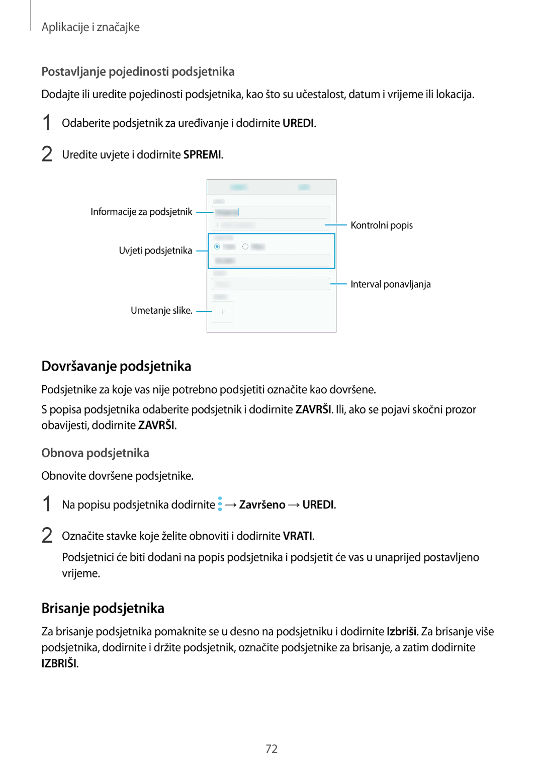 Samsung SM-G950FZVASEE, SM-G950FZKASEE Dovršavanje podsjetnika, Brisanje podsjetnika, Postavljanje pojedinosti podsjetnika 