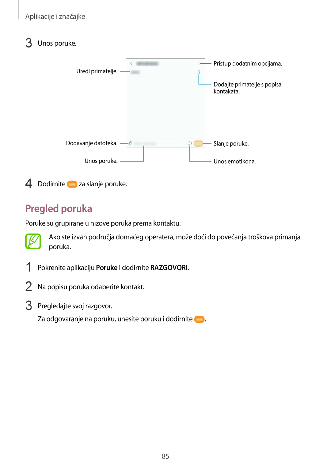 Samsung SM-G950FZKASEE, SM-G950FZVASEE, SM-G950FZSASEE, SM-G955FZSASEE manual Pregled poruka, Unos poruke, Za slanje poruke 