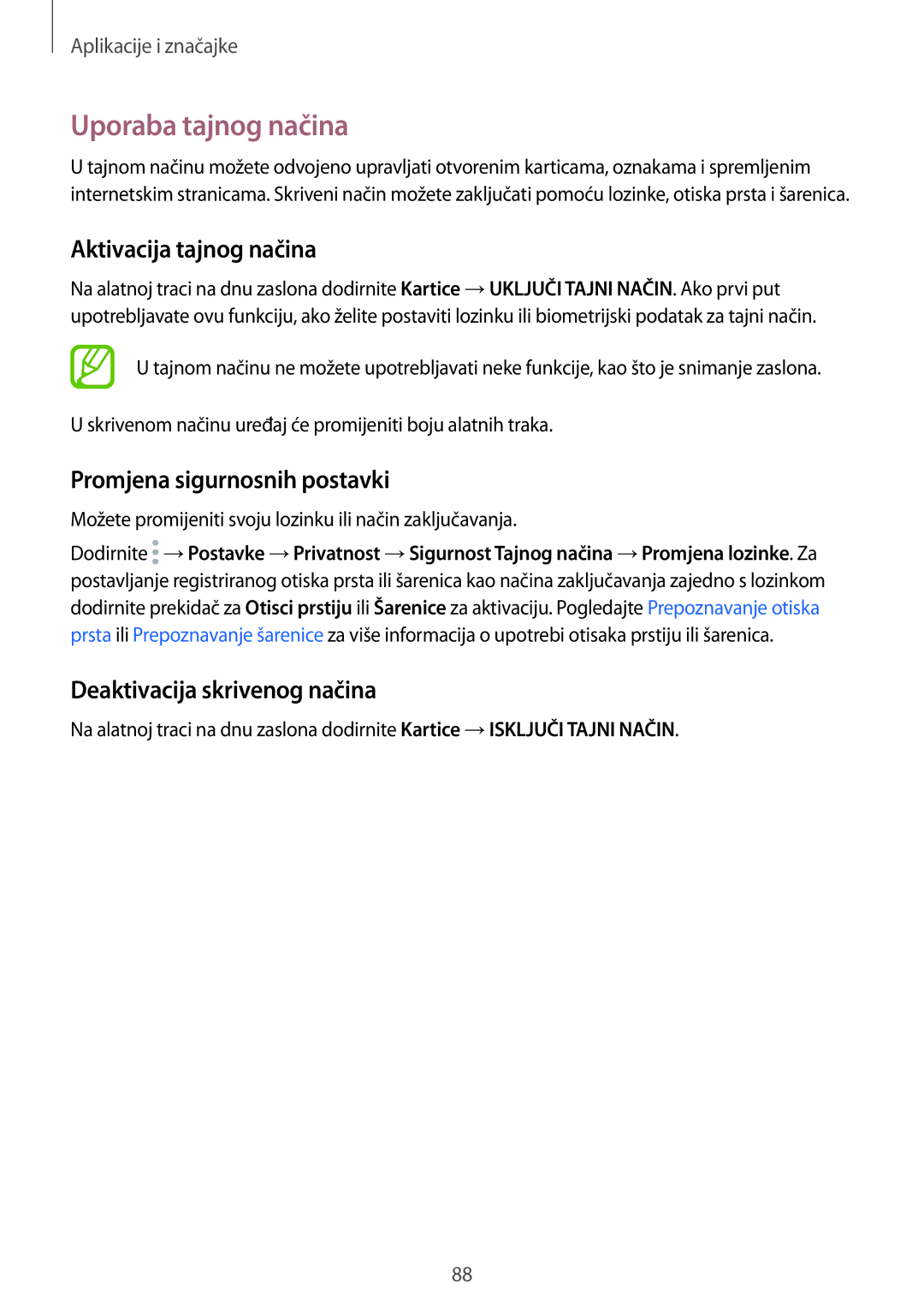 Samsung SM-G955FZKASEE, SM-G950FZVASEE manual Uporaba tajnog načina, Aktivacija tajnog načina, Promjena sigurnosnih postavki 