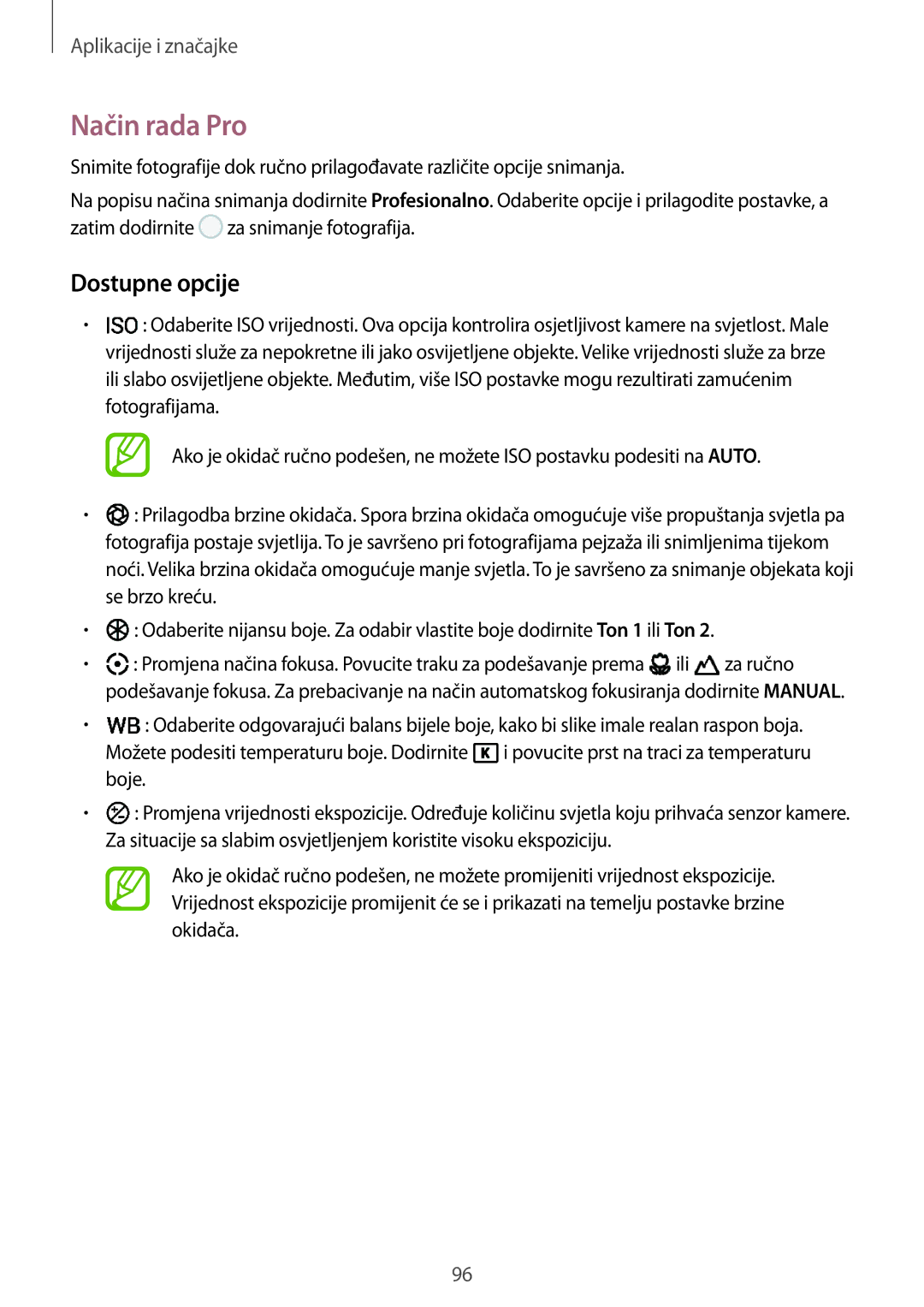 Samsung SM-G950FZVASEE, SM-G950FZKASEE, SM-G950FZSASEE, SM-G955FZSASEE, SM-G955FZKASEE manual Način rada Pro, Dostupne opcije 