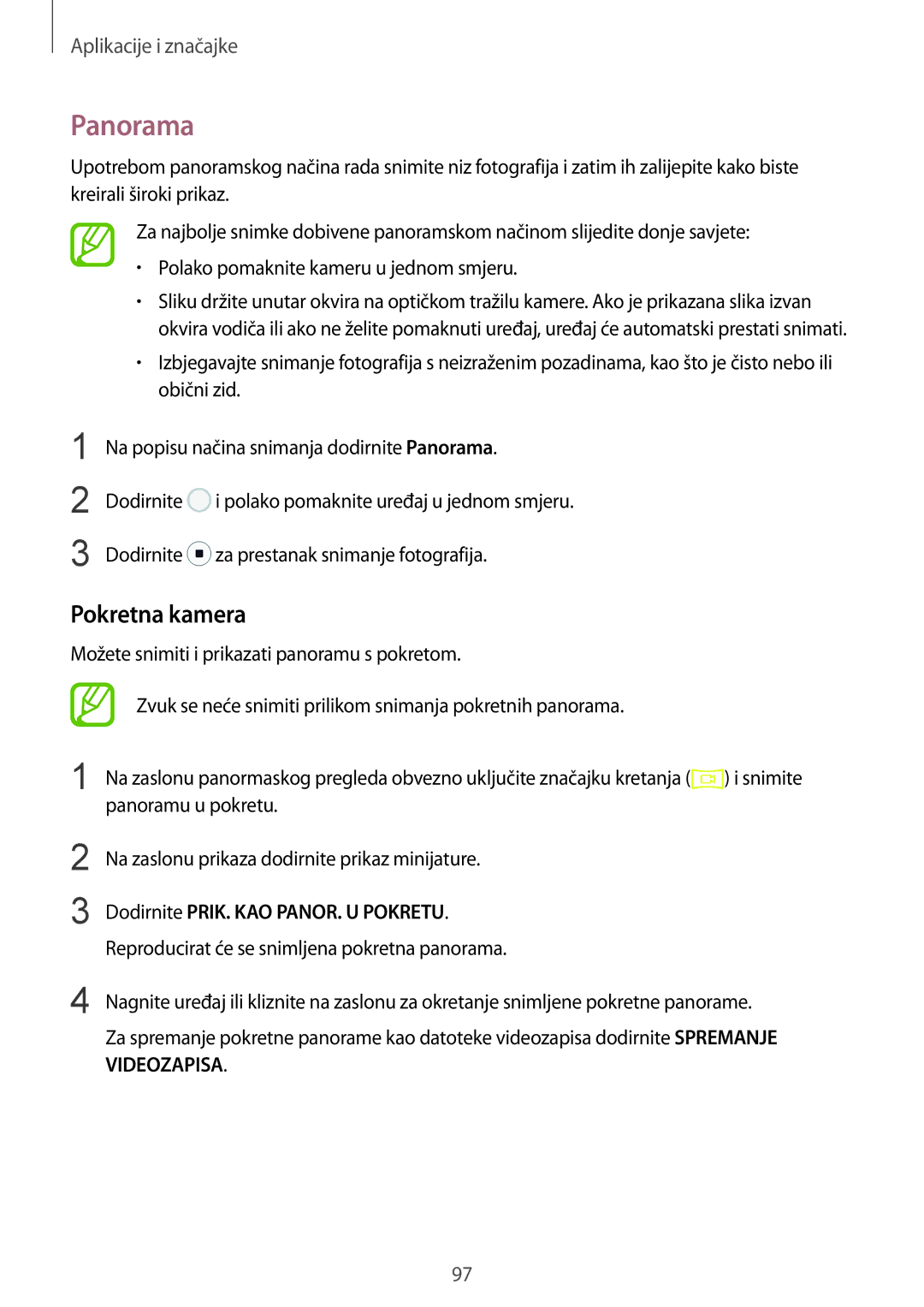 Samsung SM-G950FZKASEE, SM-G950FZVASEE, SM-G950FZSASEE manual Panorama, Pokretna kamera, Dodirnite PRIK. KAO PANOR. U Pokretu 