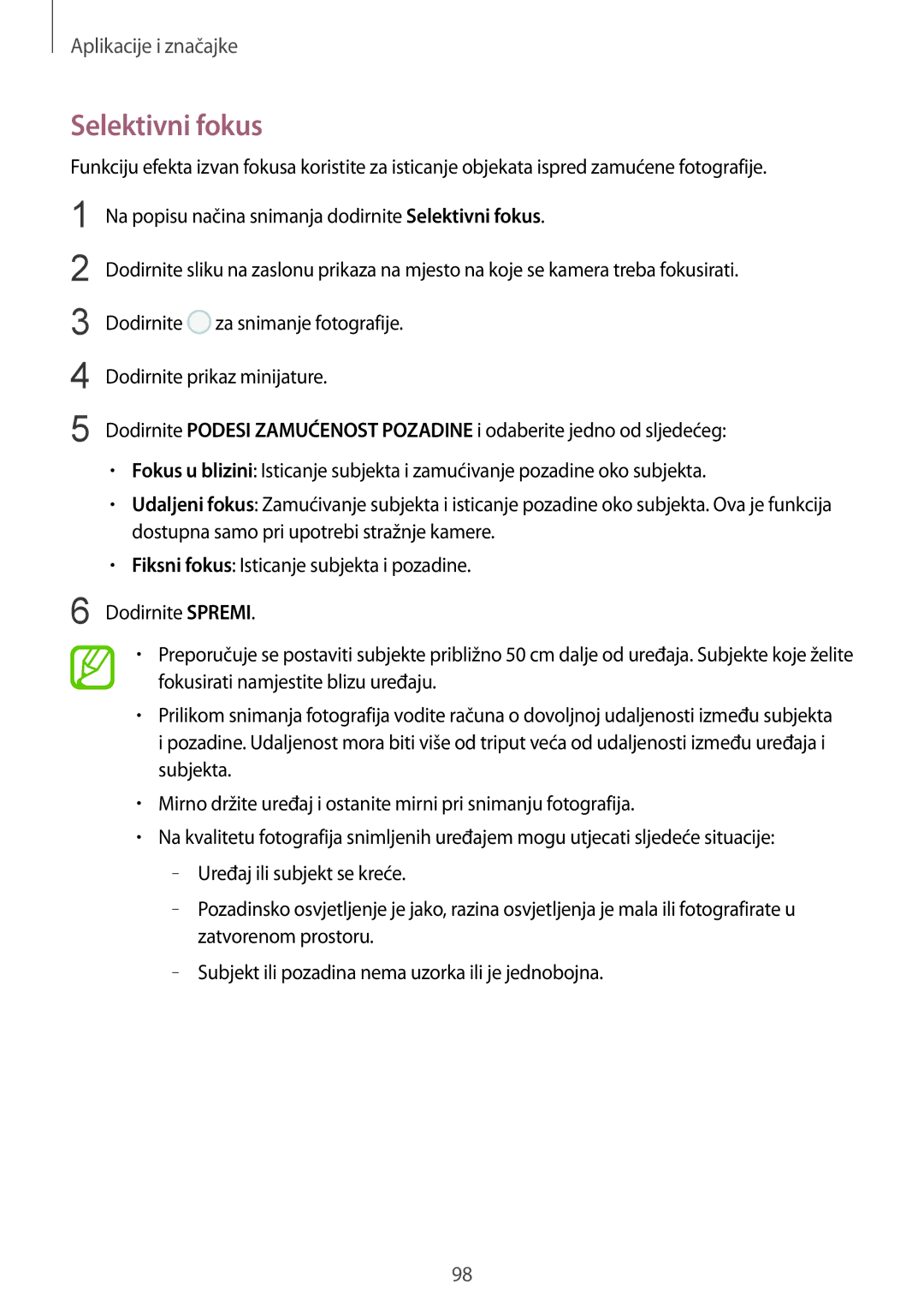 Samsung SM-G950FZSASEE, SM-G950FZVASEE, SM-G950FZKASEE, SM-G955FZSASEE, SM-G955FZKASEE, SM-G955FZVASEE manual Selektivni fokus 