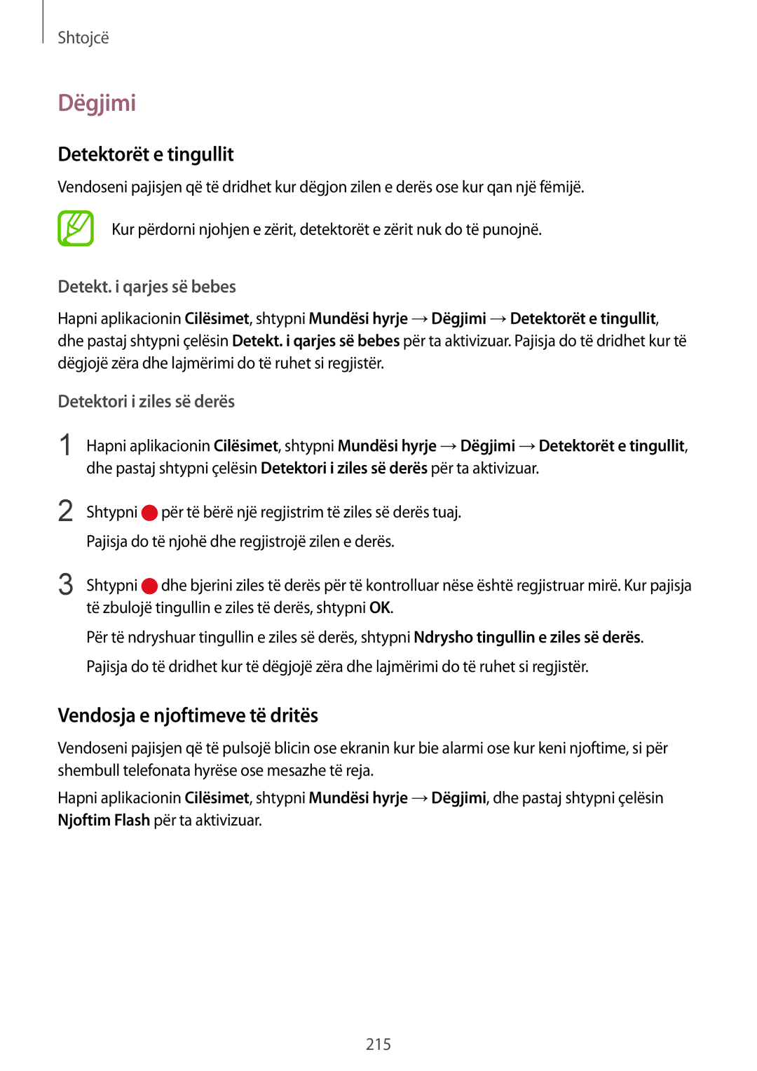 Samsung SM-G950FZSASEE manual Dëgjimi, Detektorët e tingullit, Vendosja e njoftimeve të dritës, Detekt. i qarjes së bebes 