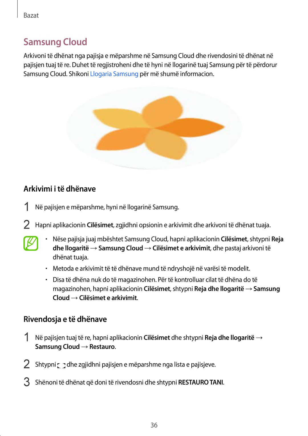 Samsung SM-G950FZVASEE, SM-G950FZKASEE, SM-G950FZSASEE manual Samsung Cloud, Arkivimi i të dhënave, Rivendosja e të dhënave 