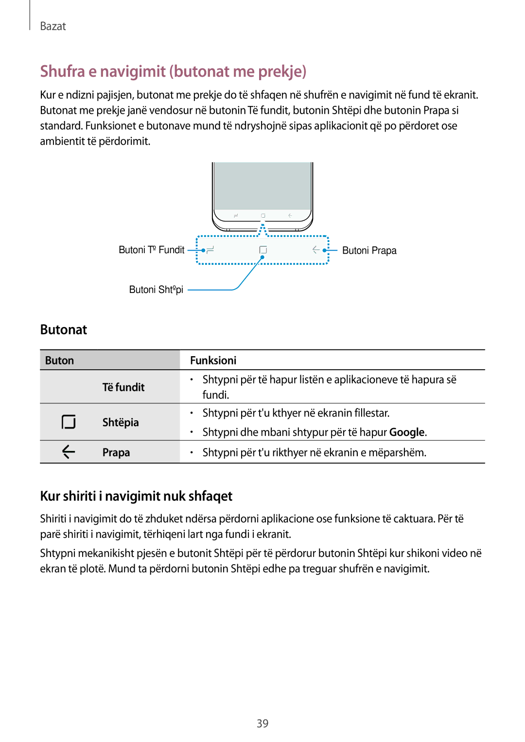 Samsung SM-G950FZVASEE, SM-G950FZKASEE Shufra e navigimit butonat me prekje, Butonat, Kur shiriti i navigimit nuk shfaqet 