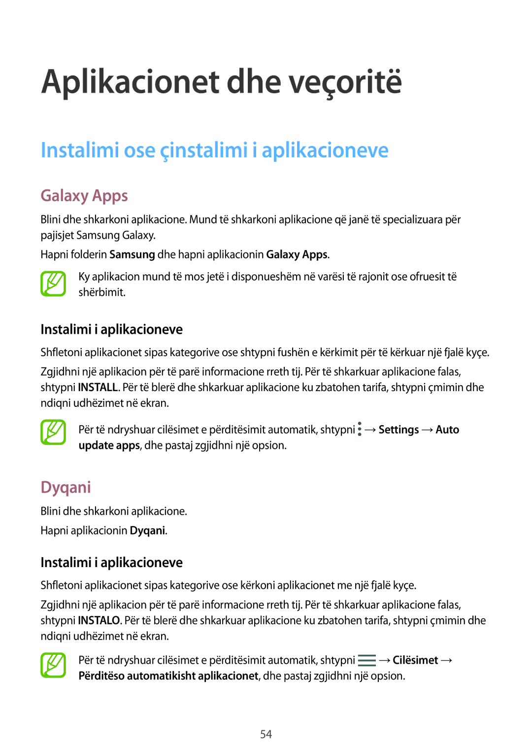 Samsung SM-G950FZVASEE manual Instalimi ose çinstalimi i aplikacioneve, Galaxy Apps, Dyqani, Instalimi i aplikacioneve 
