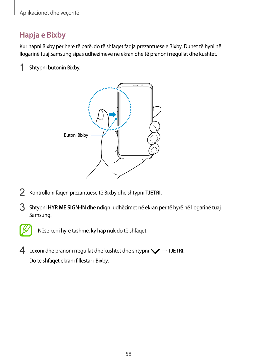 Samsung SM-G950FZKASEE, SM-G950FZVASEE, SM-G950FZSASEE manual Hapja e Bixby 