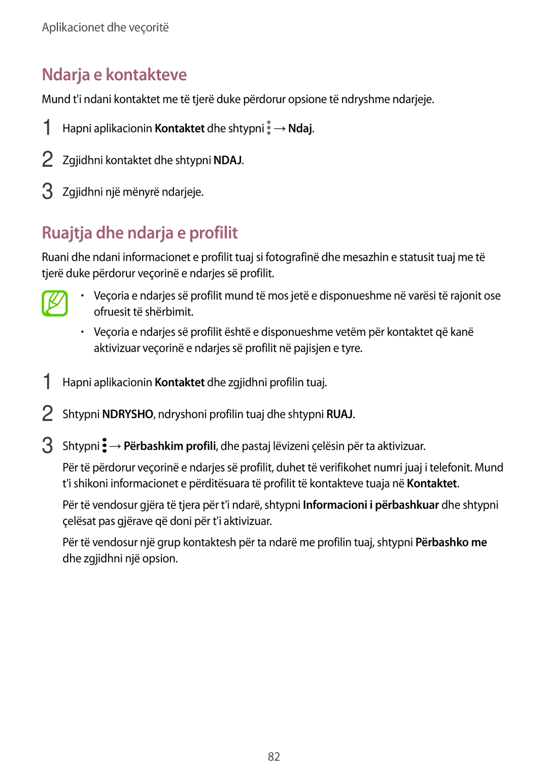 Samsung SM-G950FZKASEE, SM-G950FZVASEE, SM-G950FZSASEE manual Ndarja e kontakteve, Ruajtja dhe ndarja e profilit 