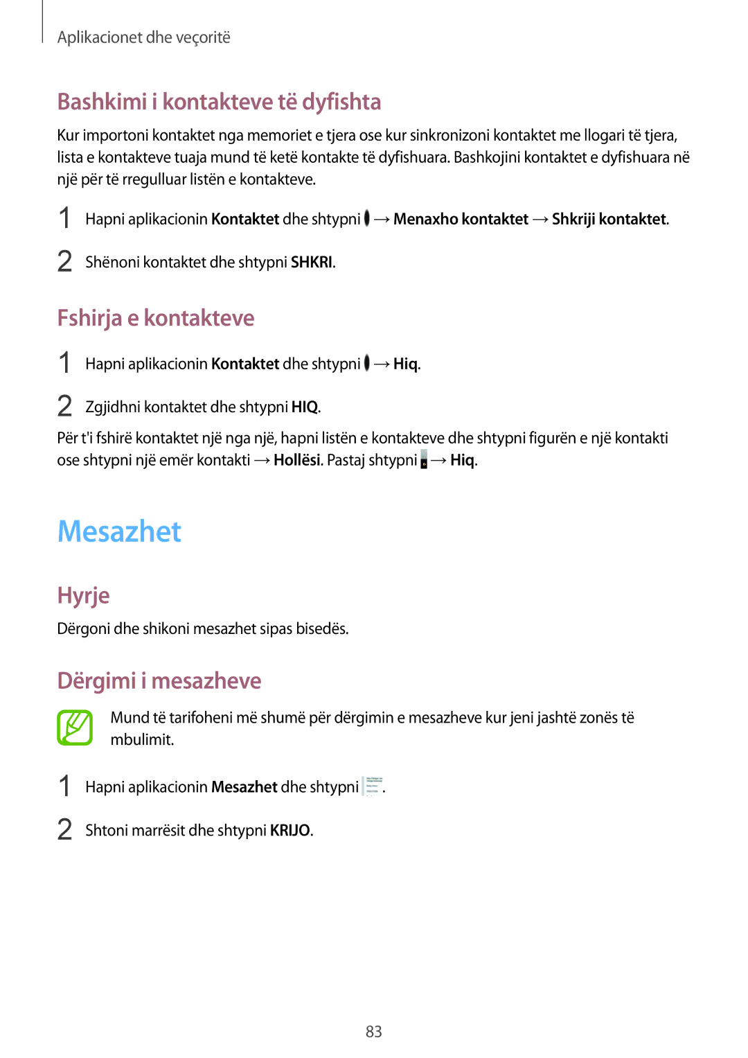 Samsung SM-G950FZSASEE manual Mesazhet, Bashkimi i kontakteve të dyfishta, Fshirja e kontakteve, Dërgimi i mesazheve 