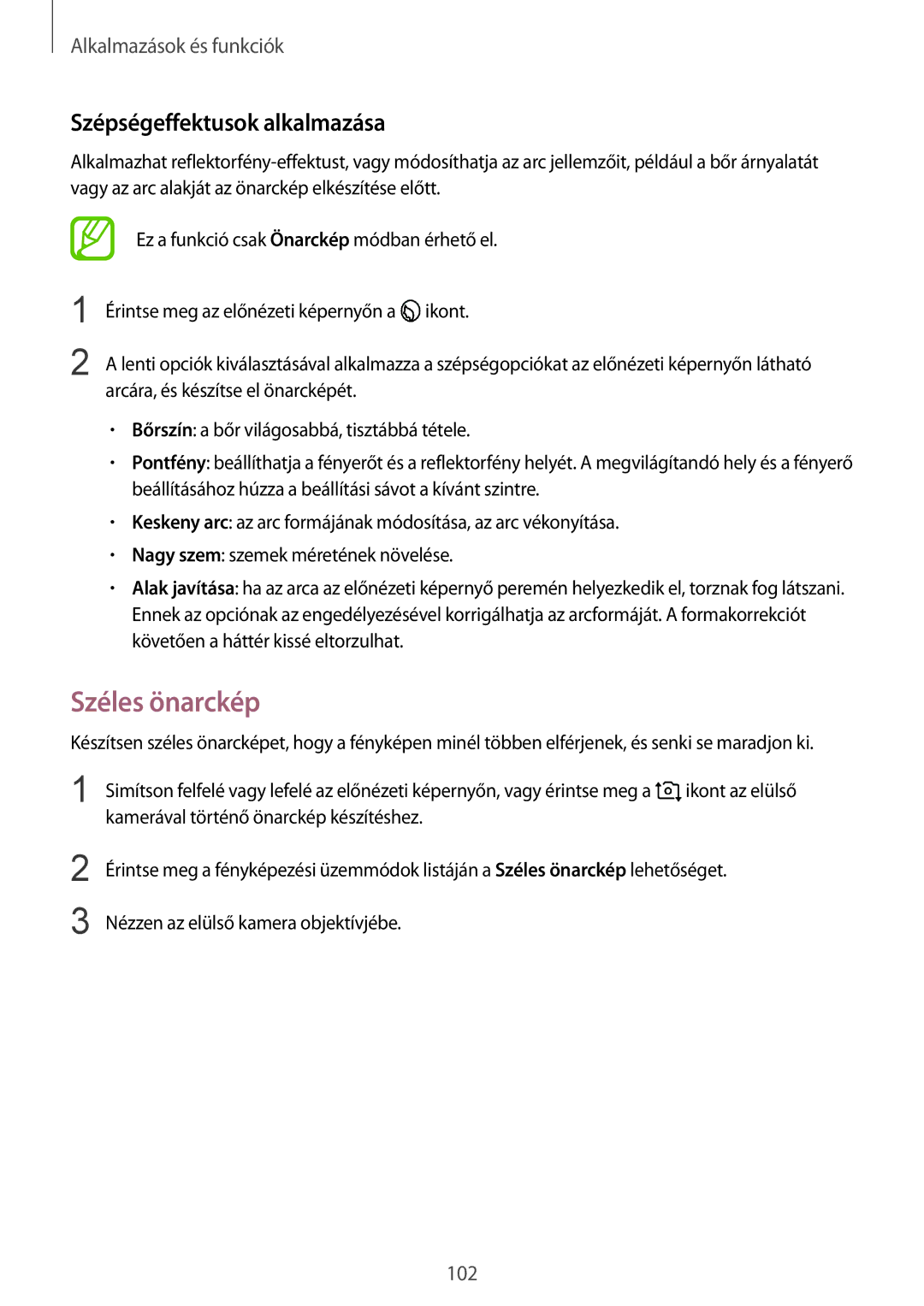 Samsung SM-G950FZVAXEH, SM-G955FZSAXEH, SM-G955FZVAXEH, SM-G955FZKAXEH manual Széles önarckép, Szépségeffektusok alkalmazása 