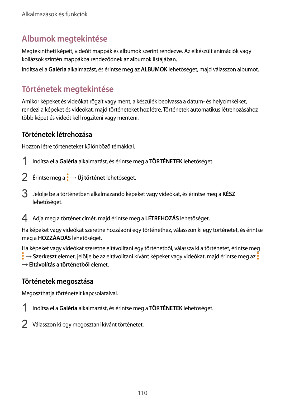 Samsung SM-G955FZVAXEH manual Albumok megtekintése, Történetek megtekintése, Történetek létrehozása, Történetek megosztása 