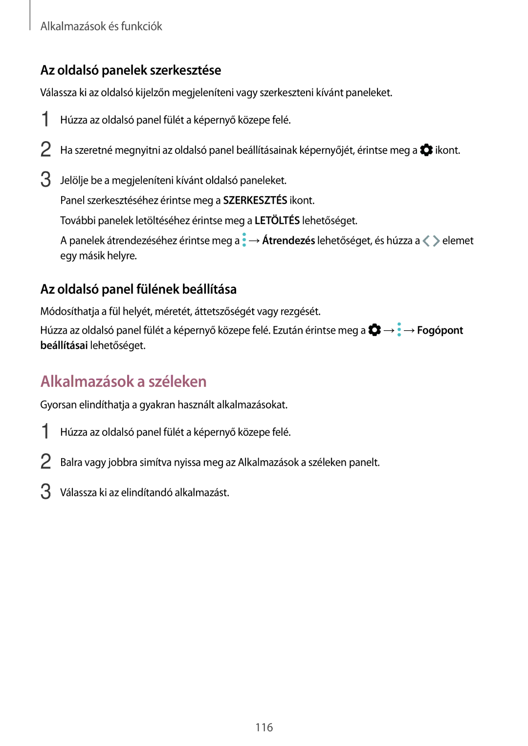 Samsung SM-G955FZVAXEH manual Alkalmazások a széleken, Az oldalsó panelek szerkesztése, Az oldalsó panel fülének beállítása 