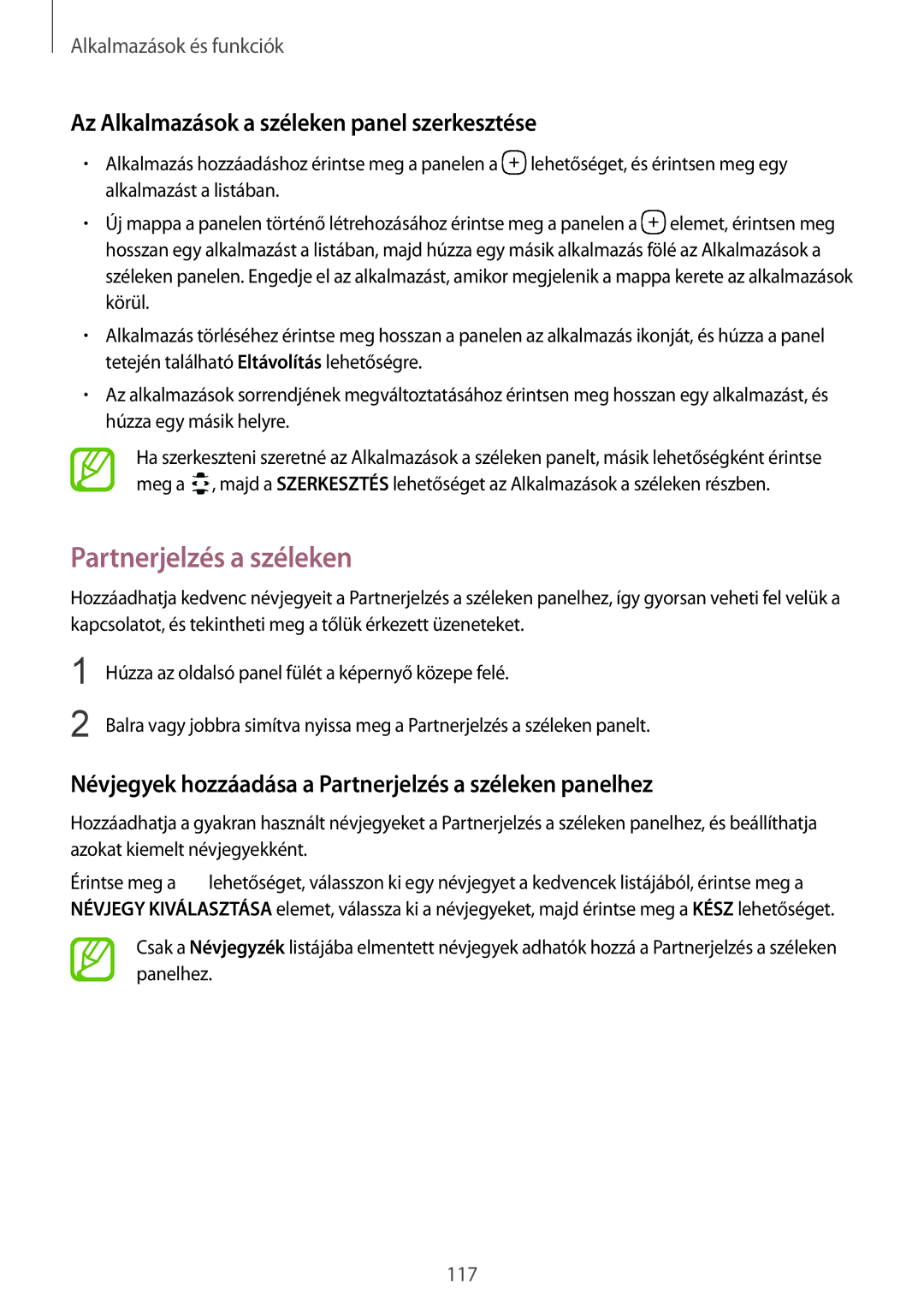 Samsung SM-G955FZKAXEH, SM-G950FZVAXEH manual Partnerjelzés a széleken, Az Alkalmazások a széleken panel szerkesztése 