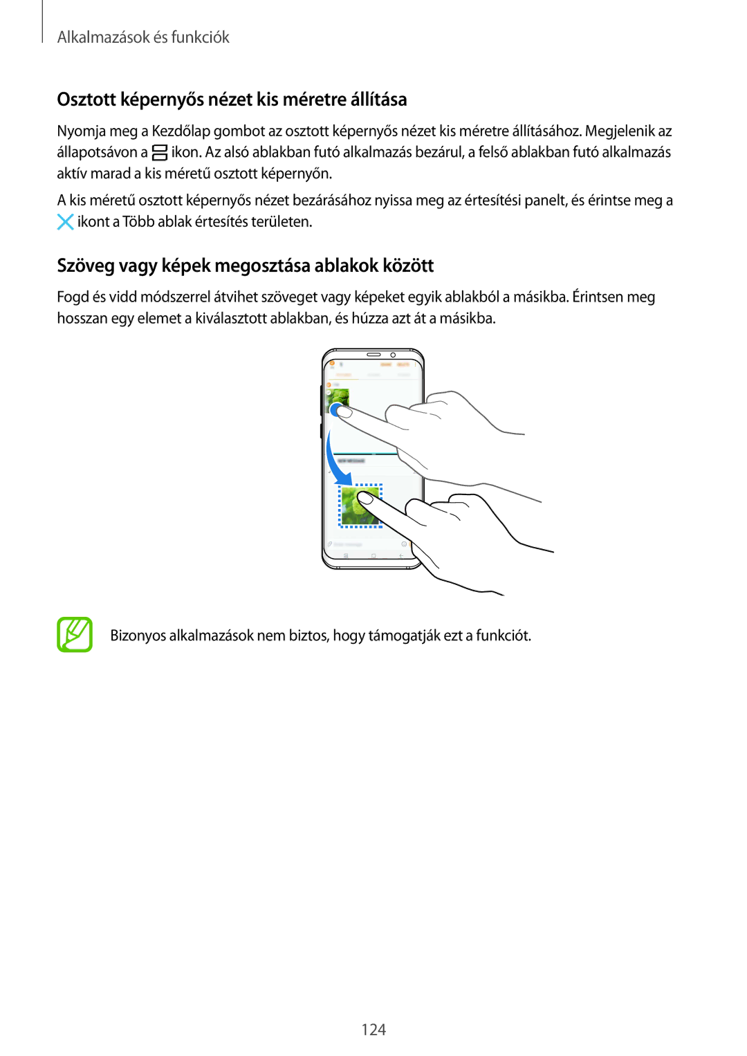 Samsung SM-G950FZKAXEH manual Osztott képernyős nézet kis méretre állítása, Szöveg vagy képek megosztása ablakok között 