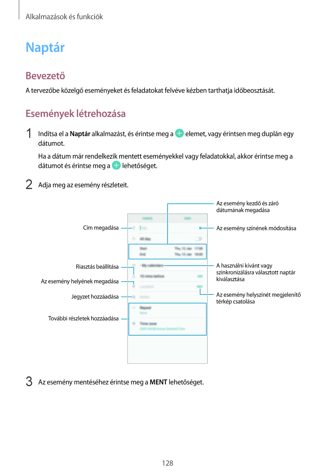 Samsung SM-G955FZVAXEH, SM-G950FZVAXEH, SM-G955FZSAXEH, SM-G955FZKAXEH, SM-G950FZKAXEH manual Naptár, Események létrehozása 