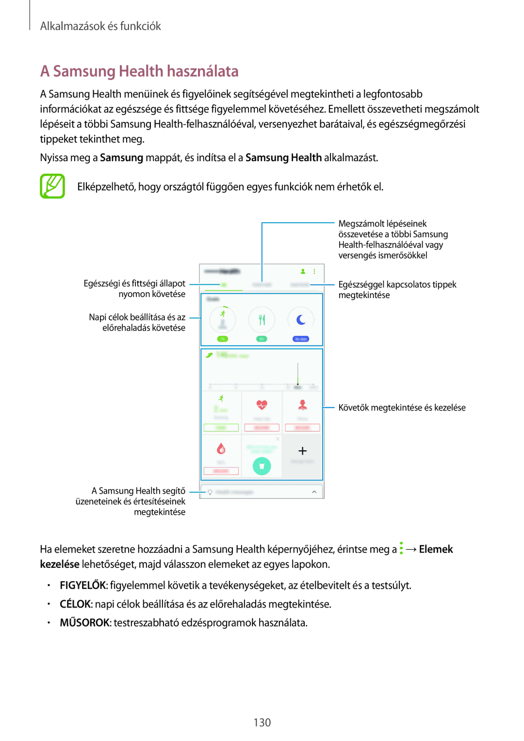 Samsung SM-G950FZKAXEH, SM-G950FZVAXEH manual Samsung Health használata, Egészségi és fittségi állapot Nyomon követése 