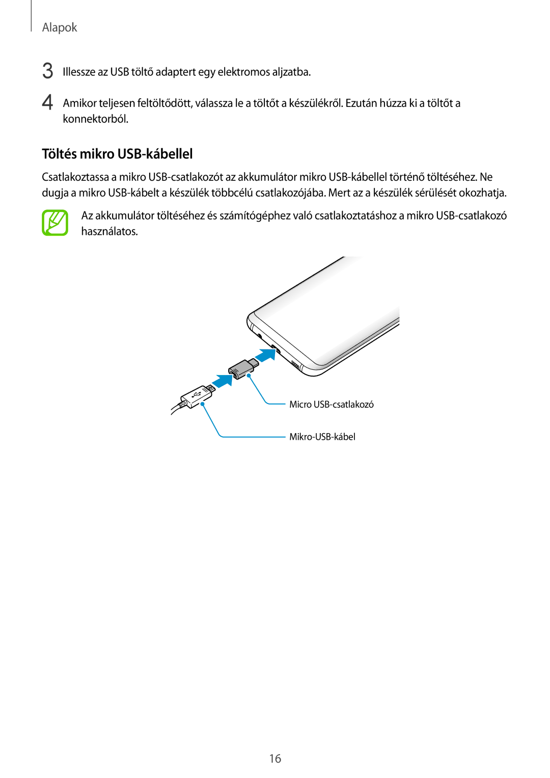 Samsung SM-G950FZKAXEH, SM-G950FZVAXEH, SM-G955FZSAXEH, SM-G955FZVAXEH, SM-G955FZKAXEH manual Töltés mikro USB-kábellel 