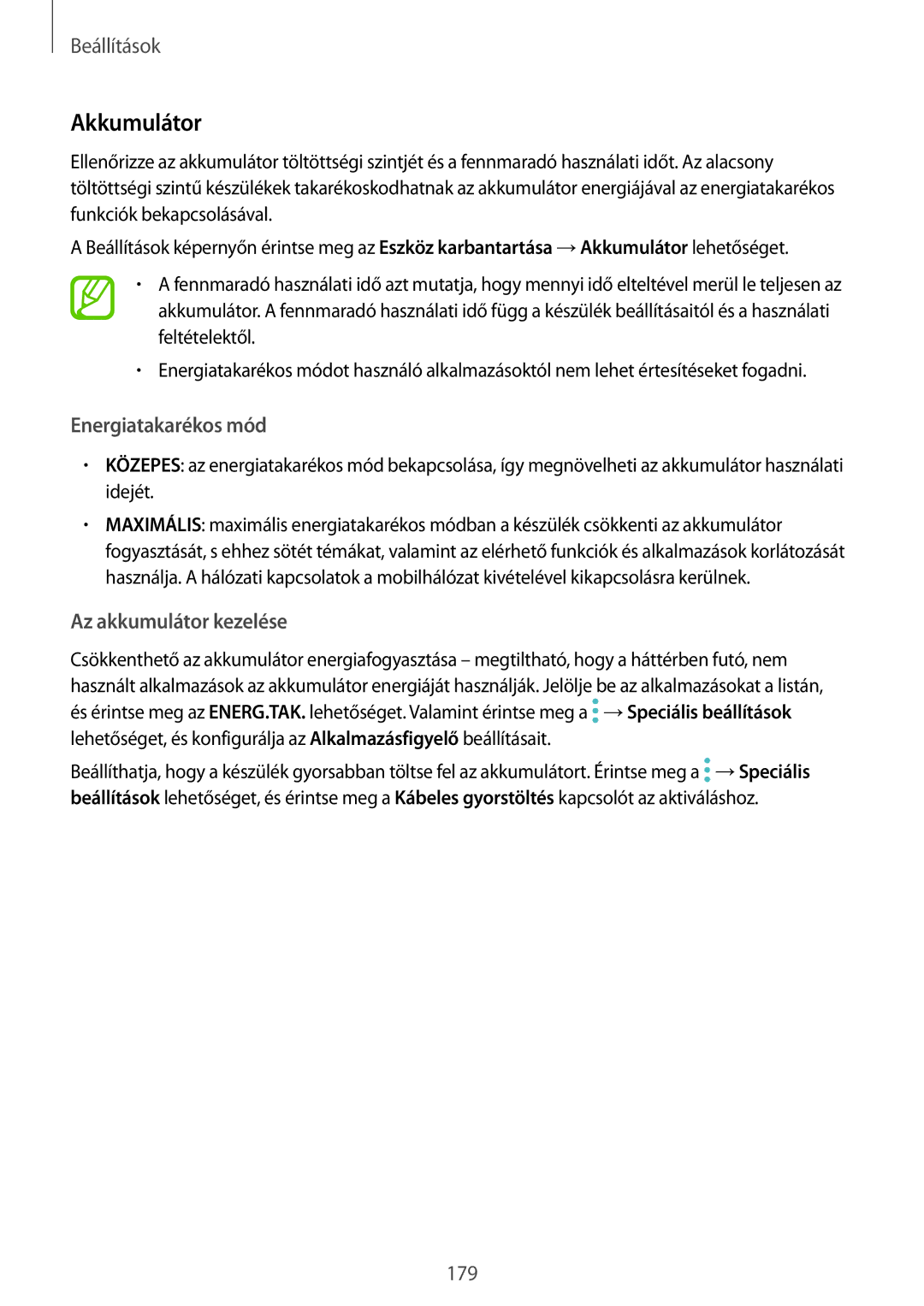 Samsung SM-G950FZSAXEH, SM-G950FZVAXEH, SM-G955FZSAXEH manual Akkumulátor, Energiatakarékos mód, Az akkumulátor kezelése 