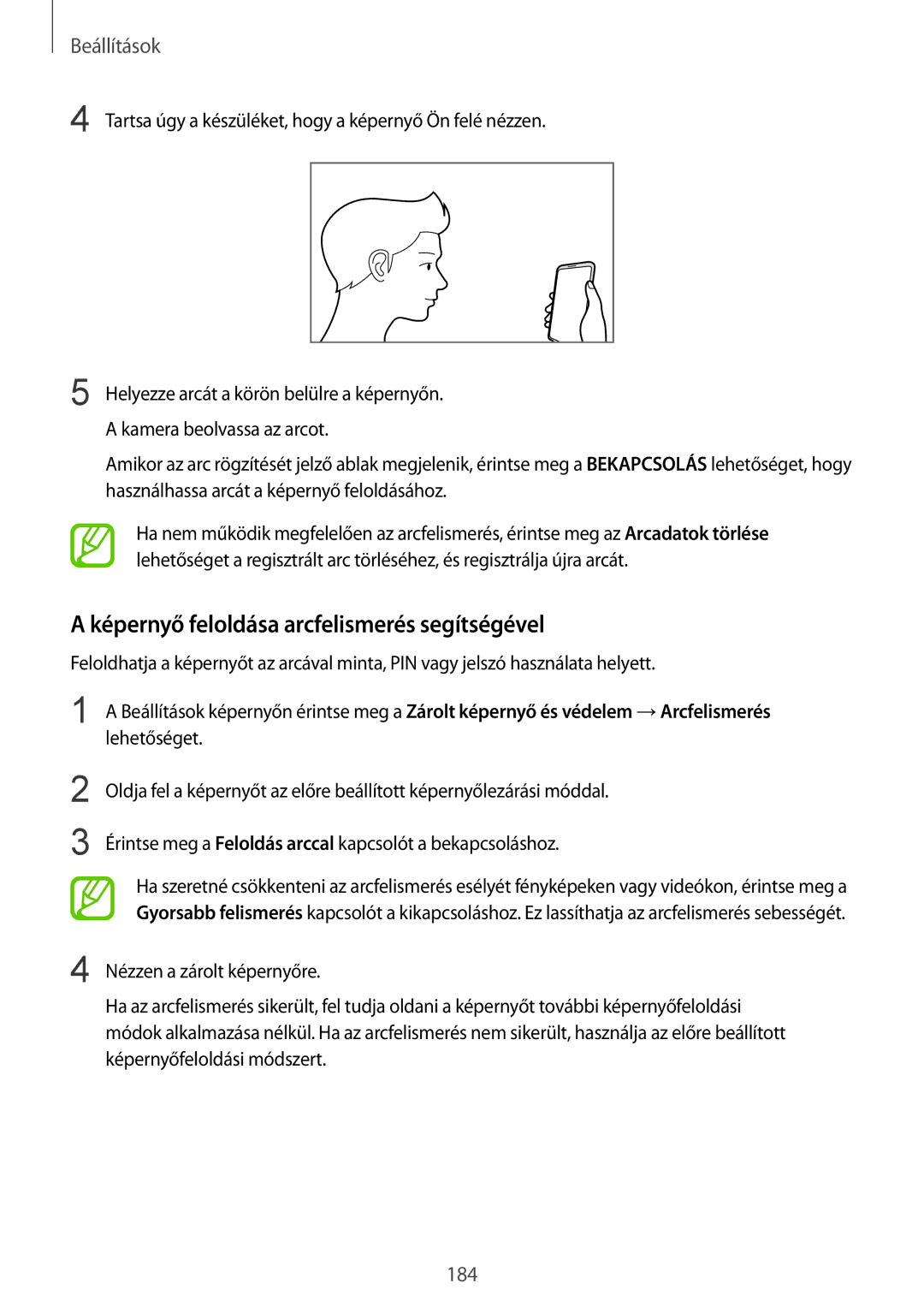 Samsung SM-G950FZKAXEH, SM-G950FZVAXEH, SM-G955FZSAXEH, SM-G955FZVAXEH manual Képernyő feloldása arcfelismerés segítségével 