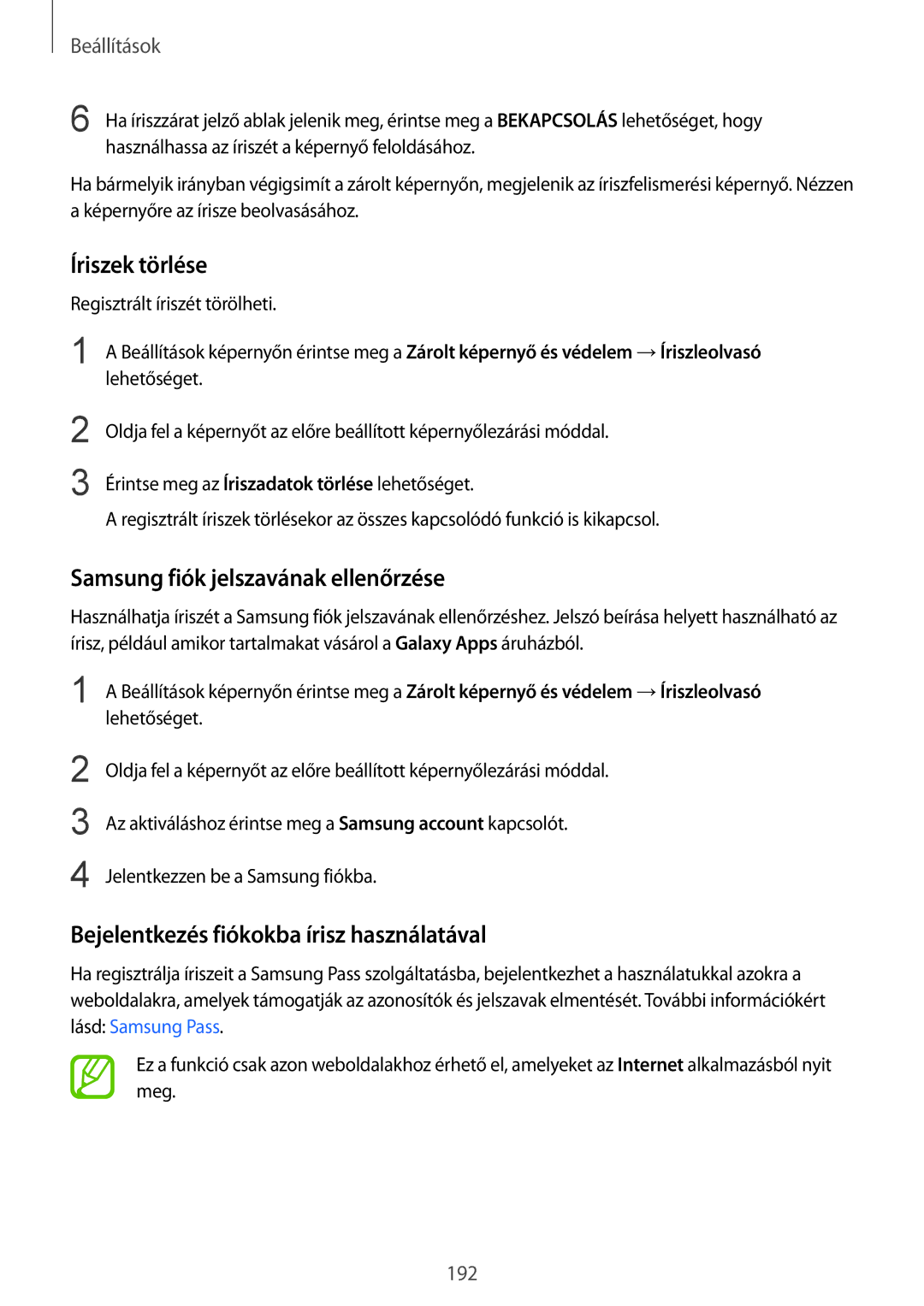 Samsung SM-G950FZVAXEH, SM-G955FZSAXEH, SM-G955FZVAXEH manual Íriszek törlése, Bejelentkezés fiókokba írisz használatával 