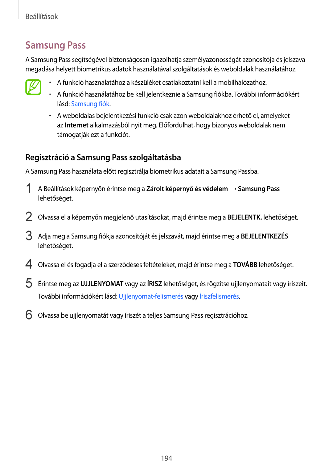 Samsung SM-G955FZVAXEH, SM-G950FZVAXEH, SM-G955FZSAXEH, SM-G955FZKAXEH manual Regisztráció a Samsung Pass szolgáltatásba 