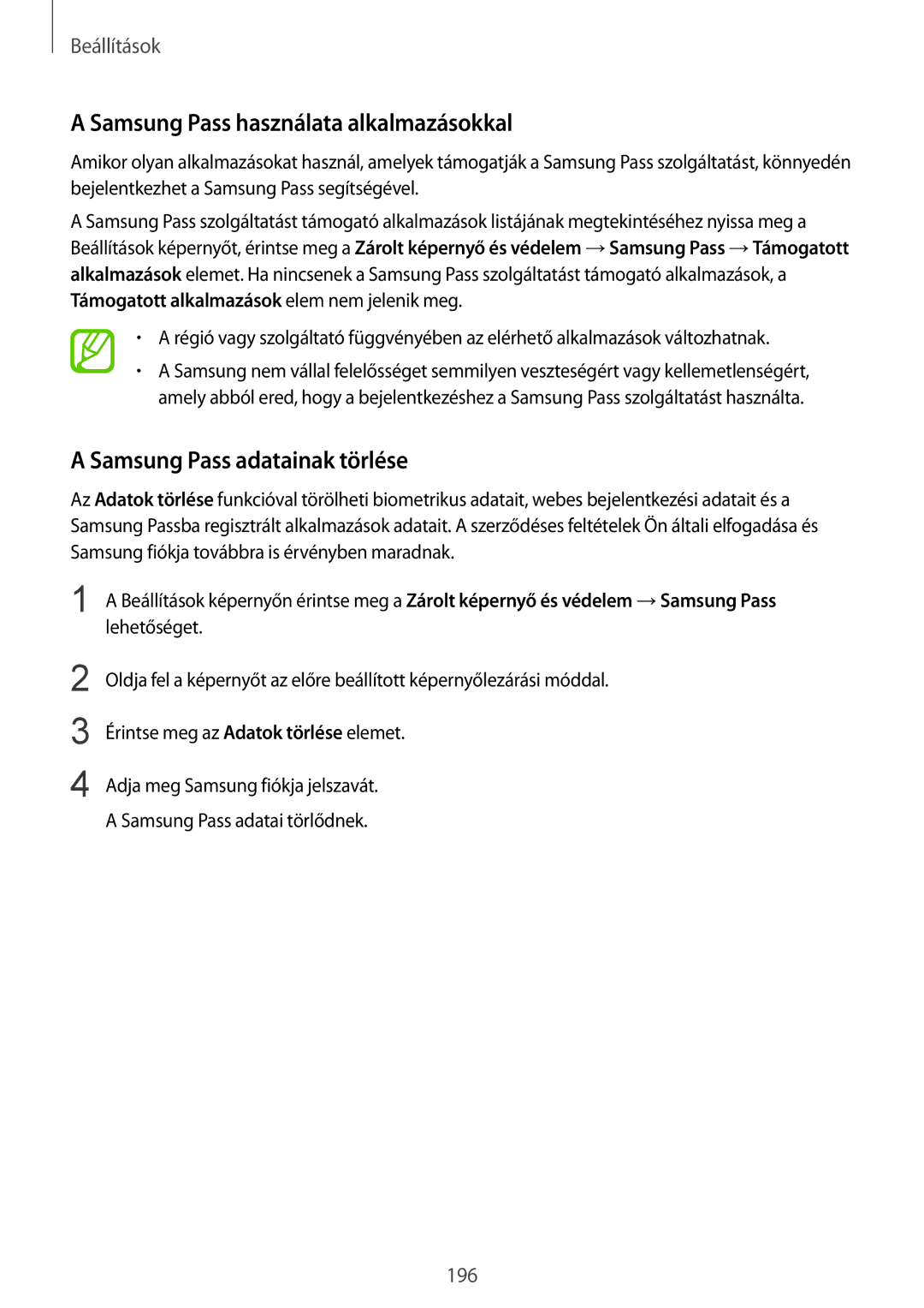 Samsung SM-G950FZKAXEH, SM-G950FZVAXEH manual Samsung Pass használata alkalmazásokkal, Samsung Pass adatainak törlése 
