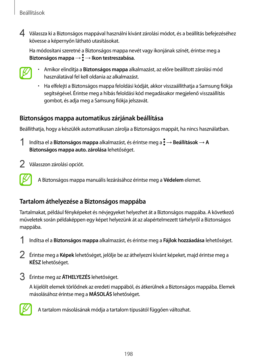 Samsung SM-G950FZVAXEH manual Biztonságos mappa automatikus zárjának beállítása, Tartalom áthelyezése a Biztonságos mappába 