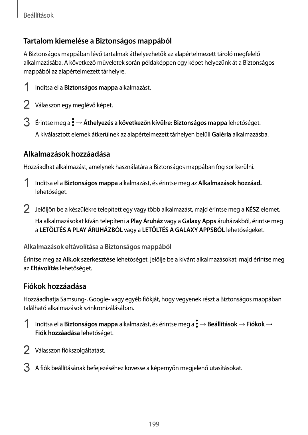 Samsung SM-G955FZSAXEH manual Tartalom kiemelése a Biztonságos mappából, Alkalmazások hozzáadása, Fiókok hozzáadása 