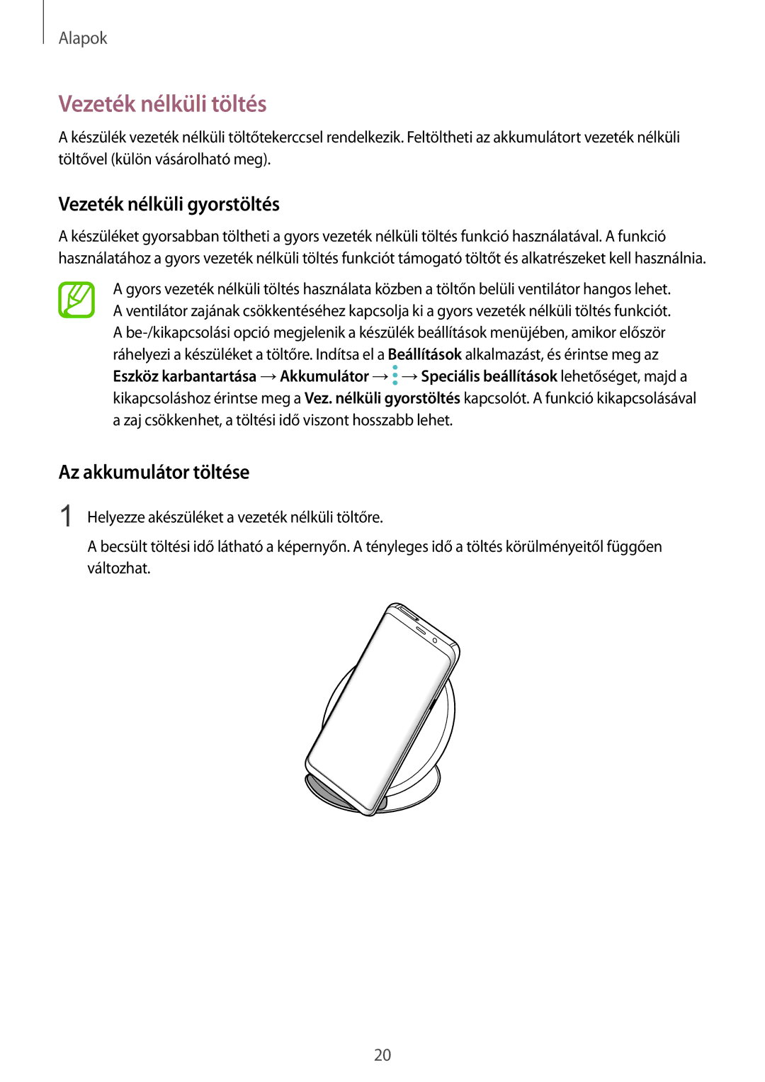 Samsung SM-G955FZVAXEH, SM-G950FZVAXEH manual Vezeték nélküli töltés, Vezeték nélküli gyorstöltés, Az akkumulátor töltése 