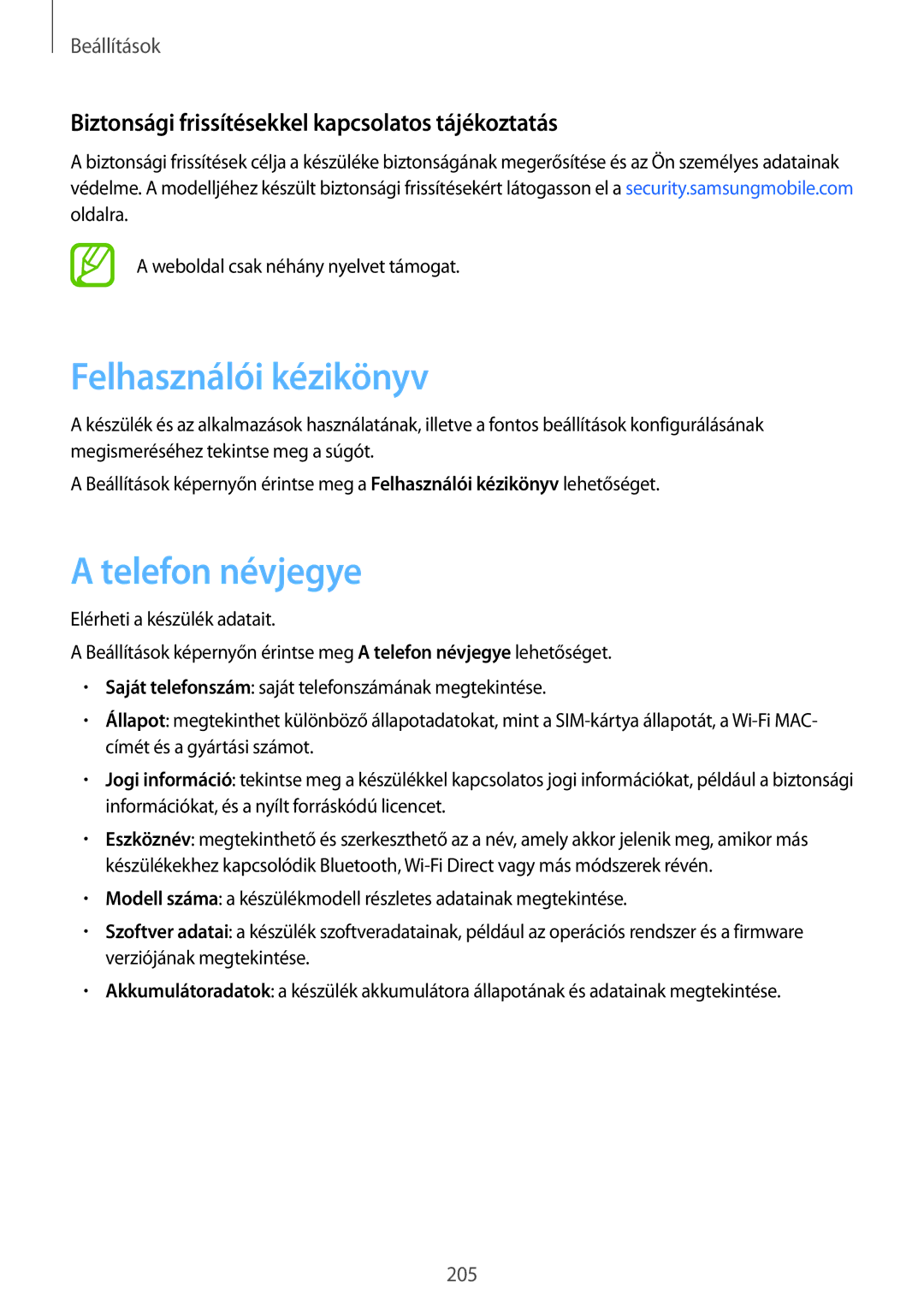 Samsung SM-G955FZSAXEH manual Felhasználói kézikönyv, Telefon névjegye, Biztonsági frissítésekkel kapcsolatos tájékoztatás 