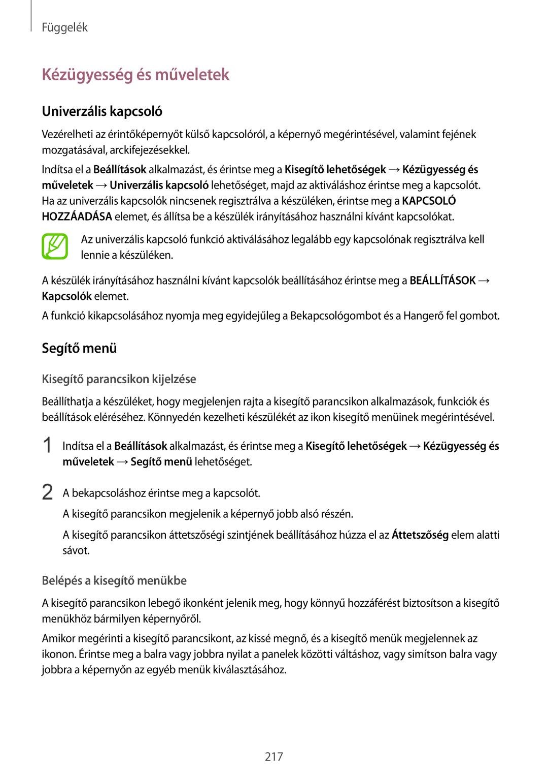 Samsung SM-G955FZSAXEH manual Kézügyesség és műveletek, Univerzális kapcsoló, Segítő menü, Kisegítő parancsikon kijelzése 