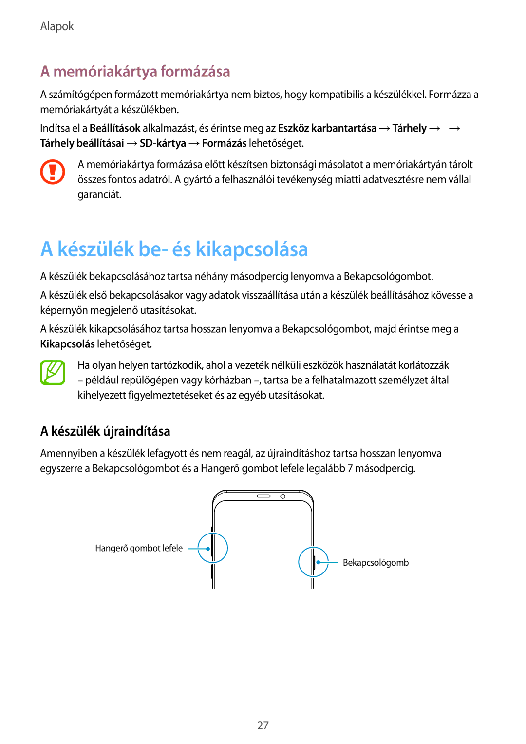 Samsung SM-G955FZKAXEH, SM-G950FZVAXEH manual Készülék be- és kikapcsolása, Memóriakártya formázása, Készülék újraindítása 