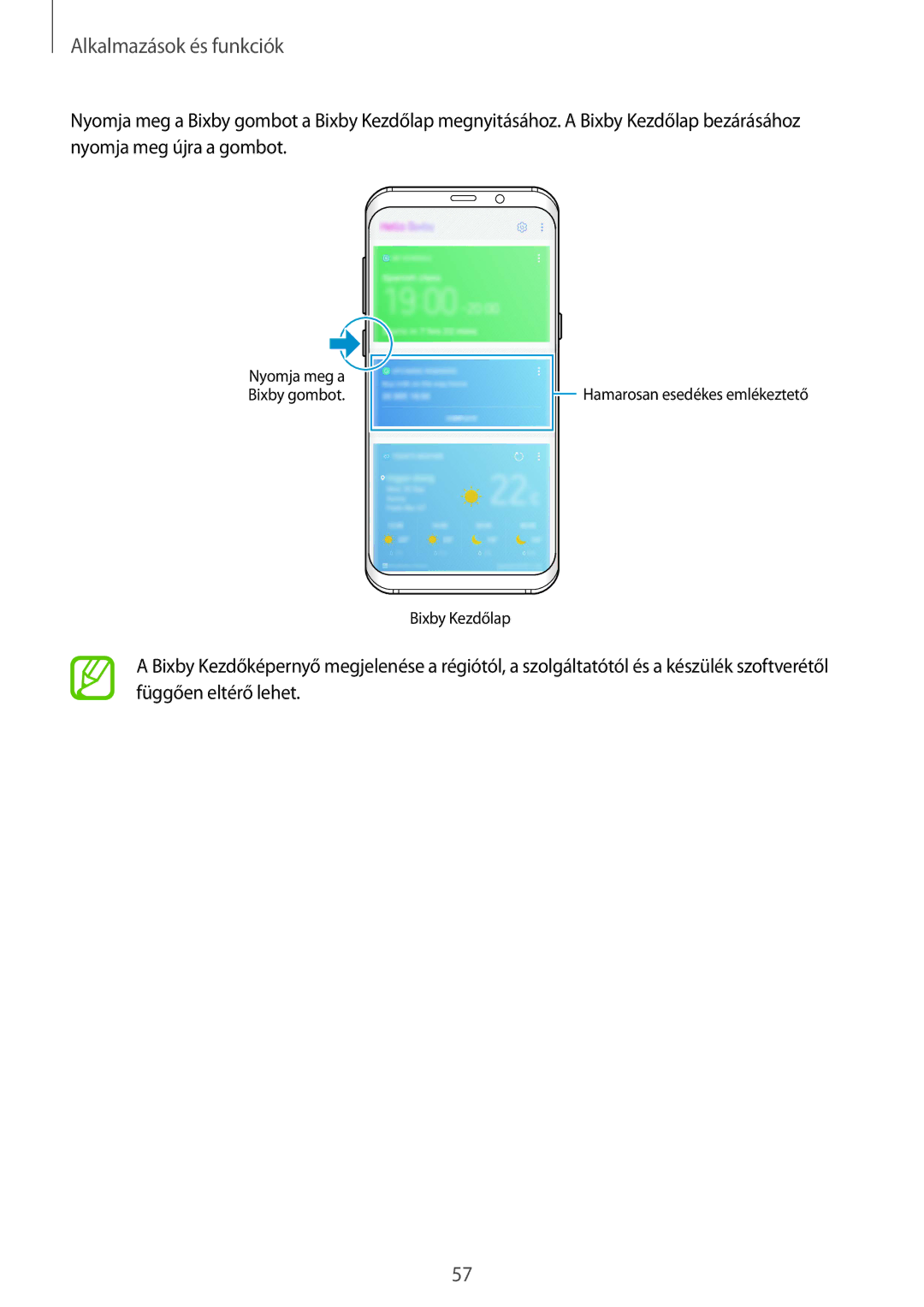 Samsung SM-G955FZKAXEH, SM-G950FZVAXEH, SM-G955FZSAXEH, SM-G955FZVAXEH manual Hamarosan esedékes emlékeztető Bixby Kezdőlap 