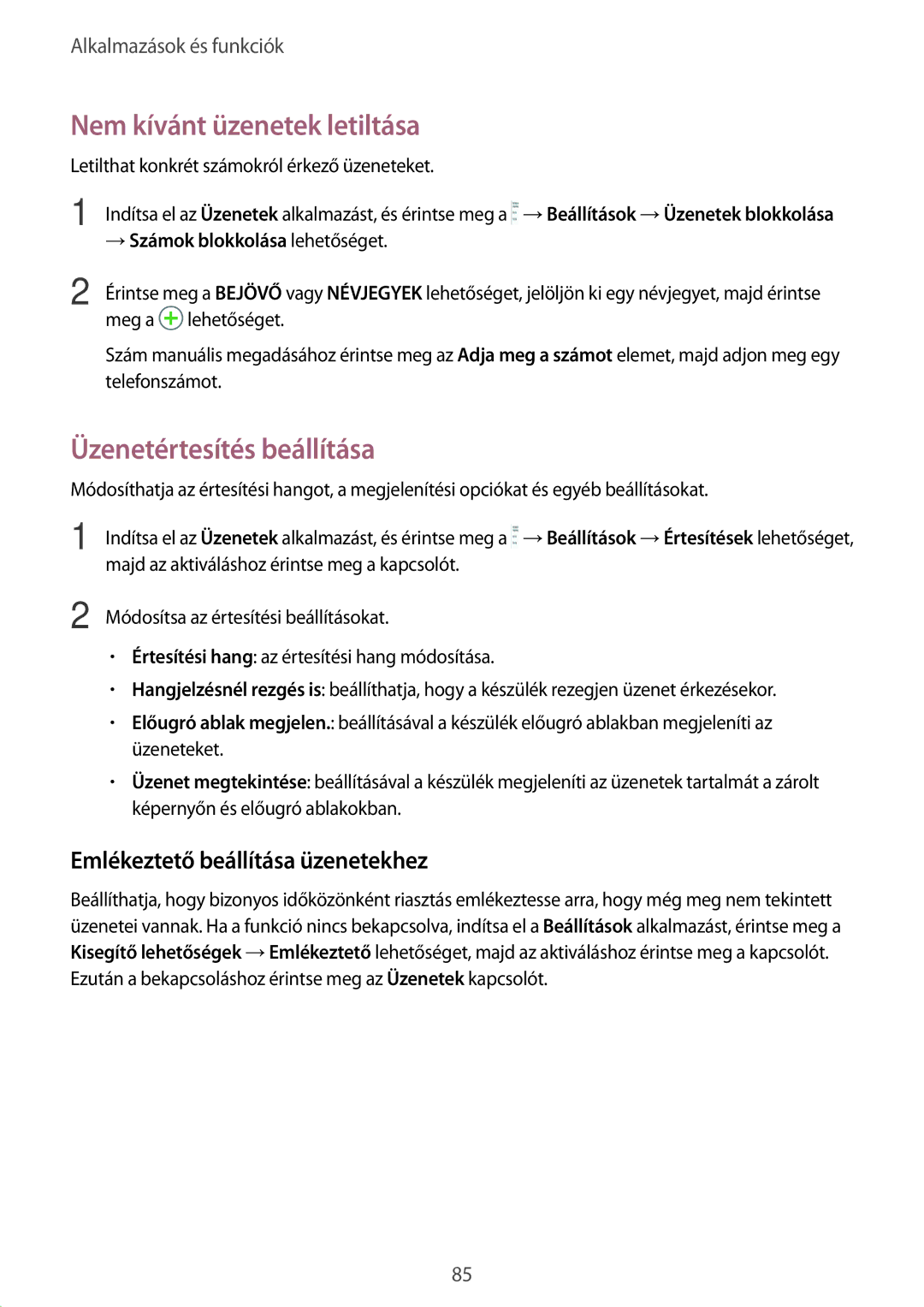 Samsung SM-G955FZSAXEH manual Nem kívánt üzenetek letiltása, Üzenetértesítés beállítása, Emlékeztető beállítása üzenetekhez 